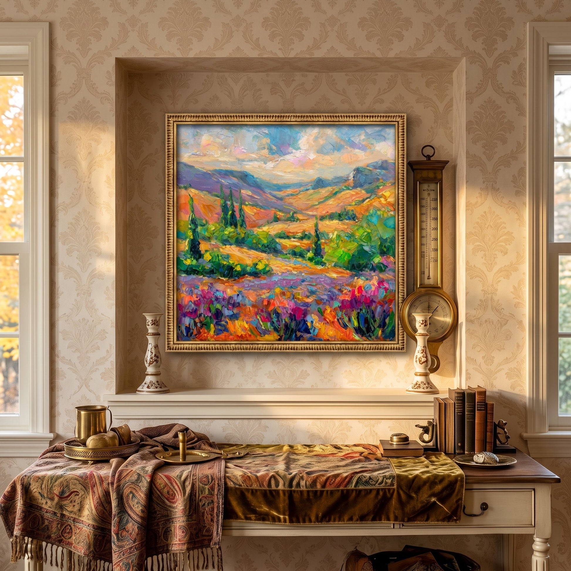 Victorian study — Impressionist landscape painting adds vibrant color and serene energy to elegant traditional decor