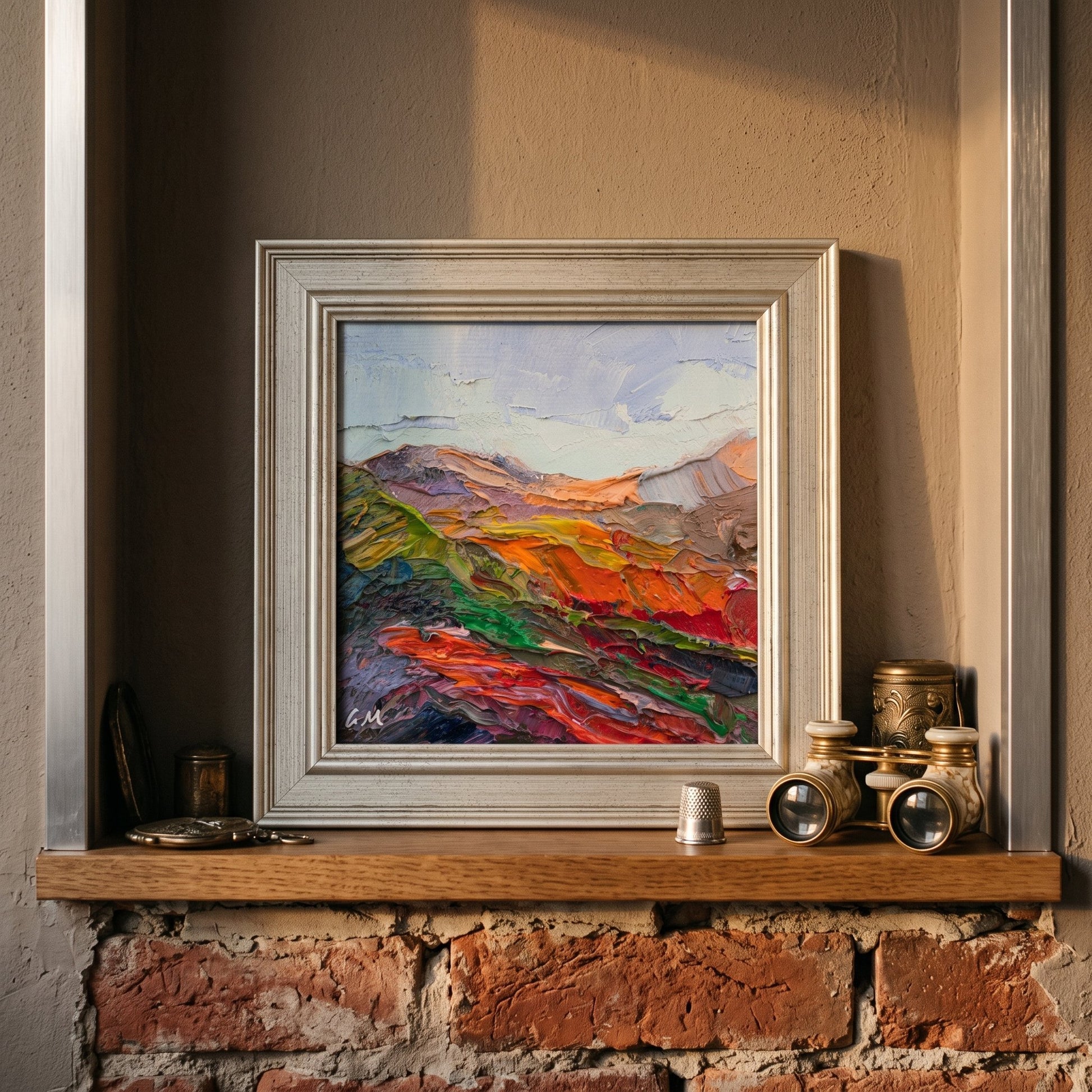 Rustic Farmhouse Living Room — Vibrant Expressionist Landscape Painting Adds Color and Drama to Exposed Brick Mantel