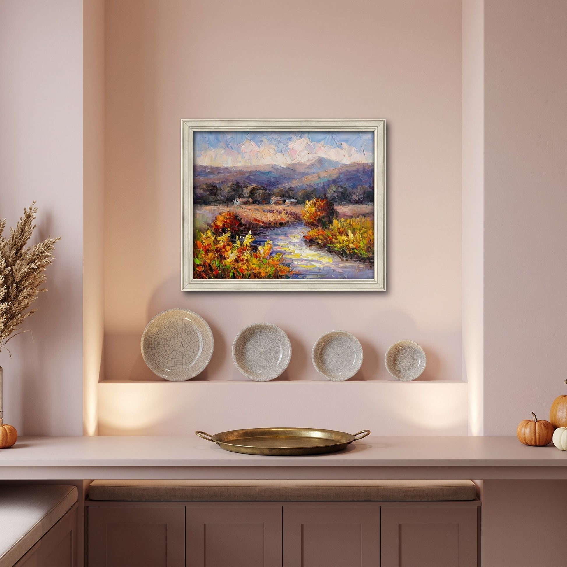 Contemporary kitchen — Impressionist landscape elevates minimalist space with vibrant colors and natural light