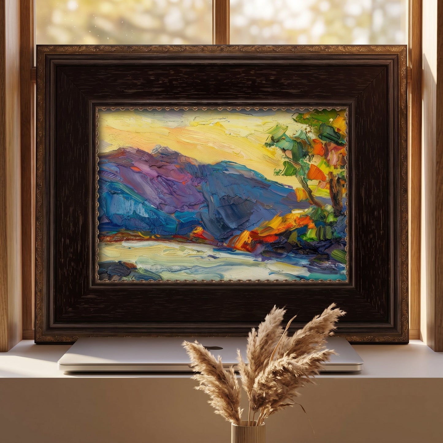 Home office, minimalist — Vibrant expressionist landscape painting adds color and energy to a serene workspace