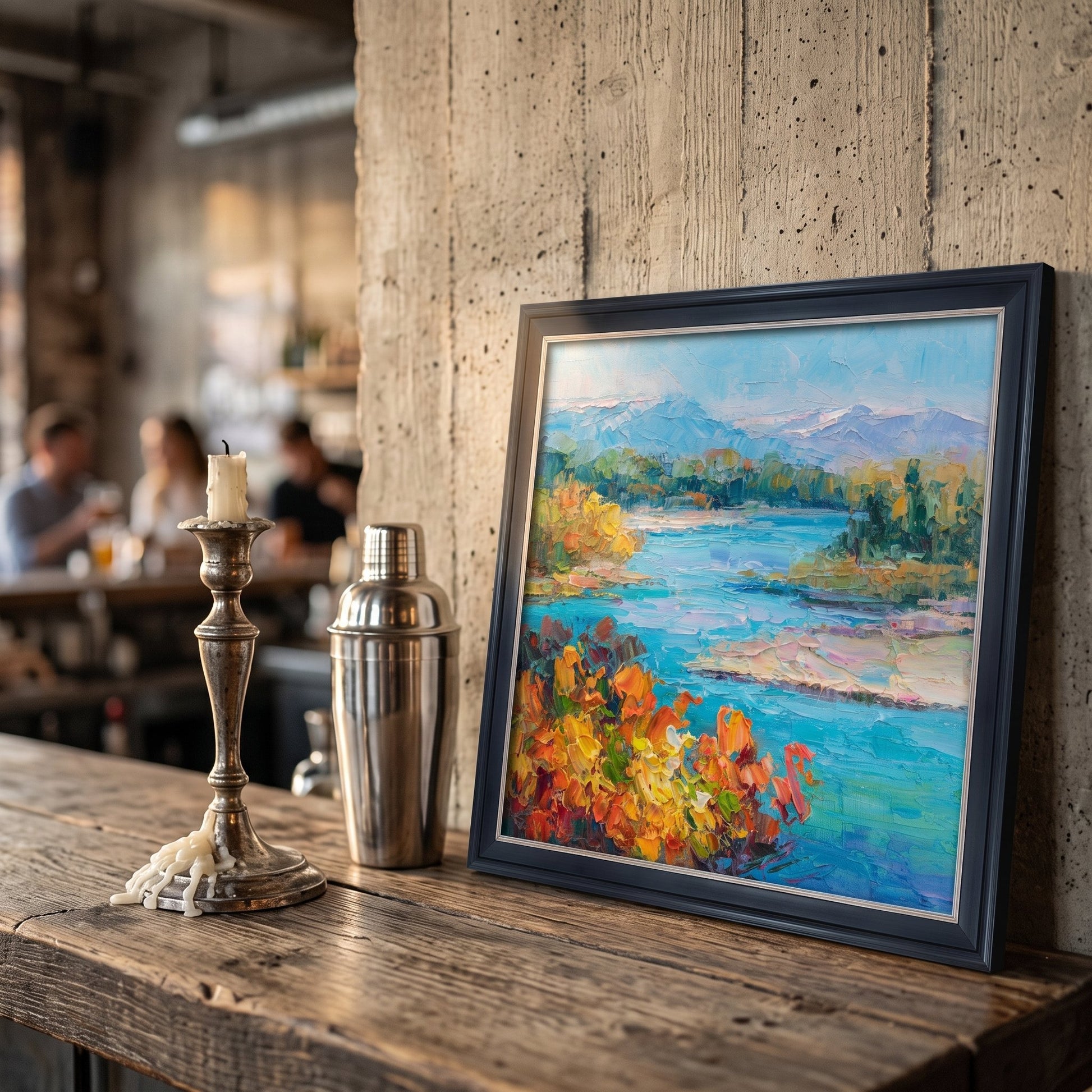 RusticIndustrialLoftBar — OriginalImpressionistLandscapeAddsVibrantColorAndArtisticWarmthToRawConcreteSpace