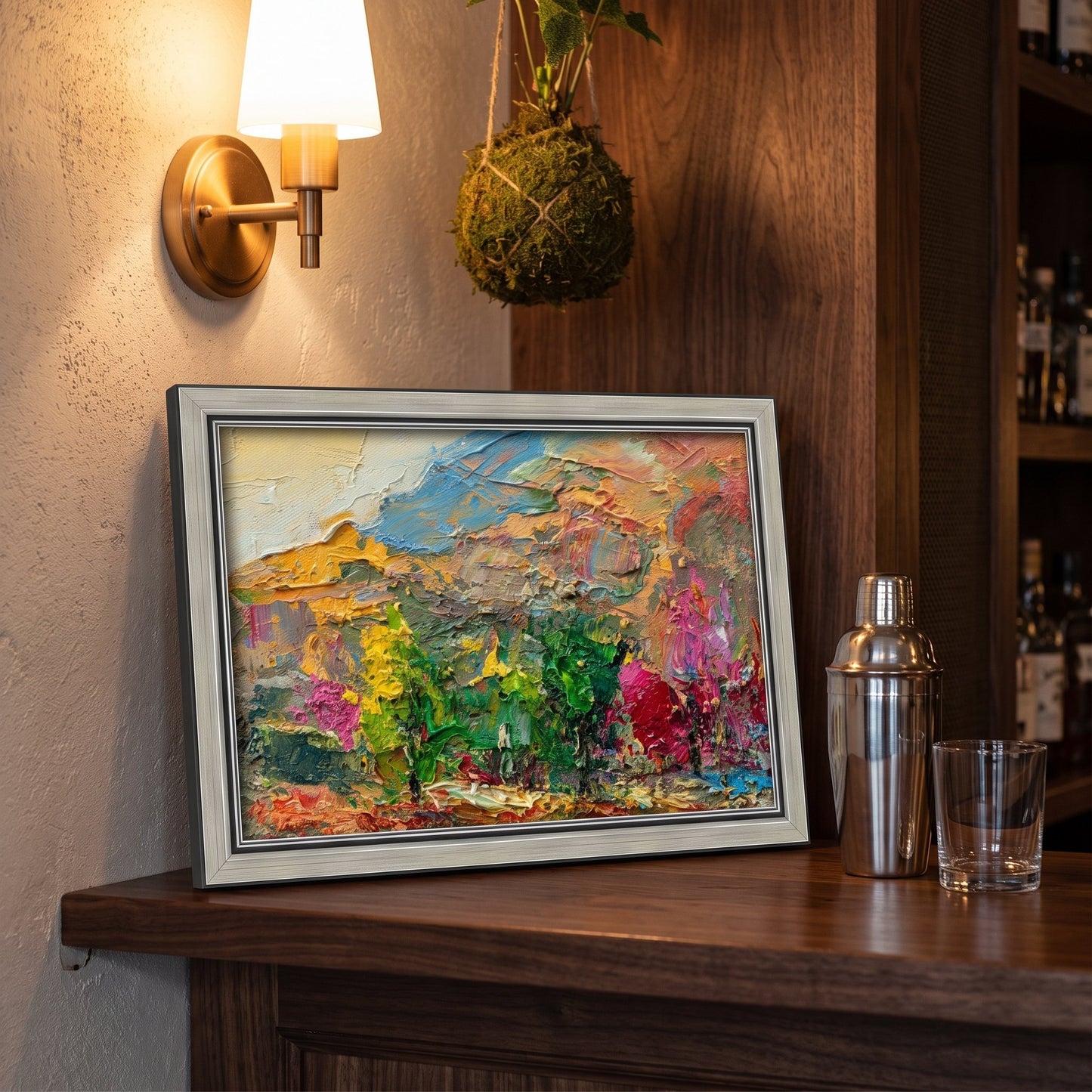 Rustic farmhouse bar nook — vibrant Expressionist landscape adds bold color and texture to warm, wooden surroundings
