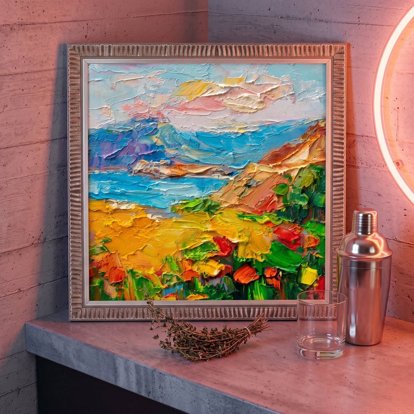Industrial Loft Bar — Vibrant Impressionist Landscape Adds Warmth and Color to Modern Space