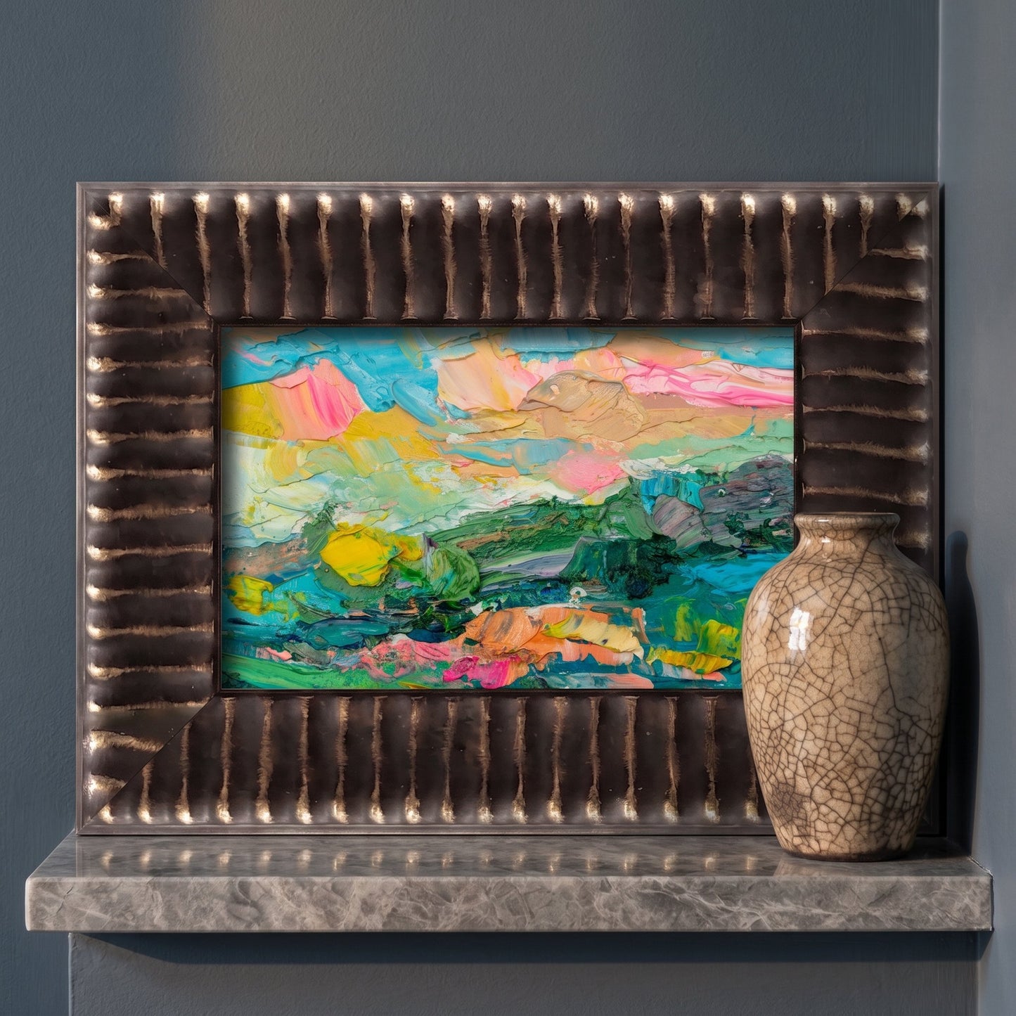 Contemporary entryway — vibrant Expressionist landscape elevates minimalist space with bold color and texture
