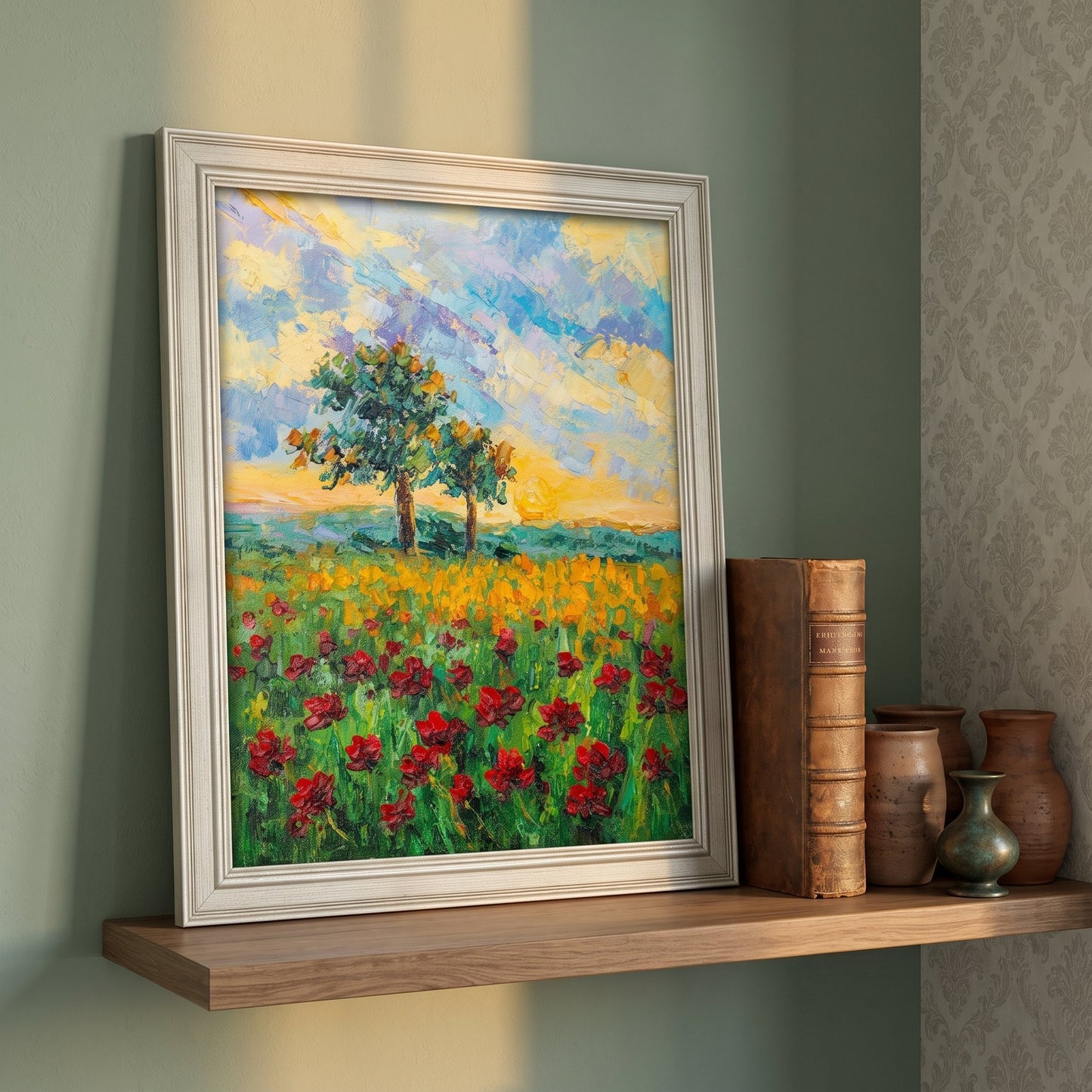 RusticFarmhouseReadingNook — VibrantImpressionistLandscapePaintingAddsColorAndLifeToCozySpace