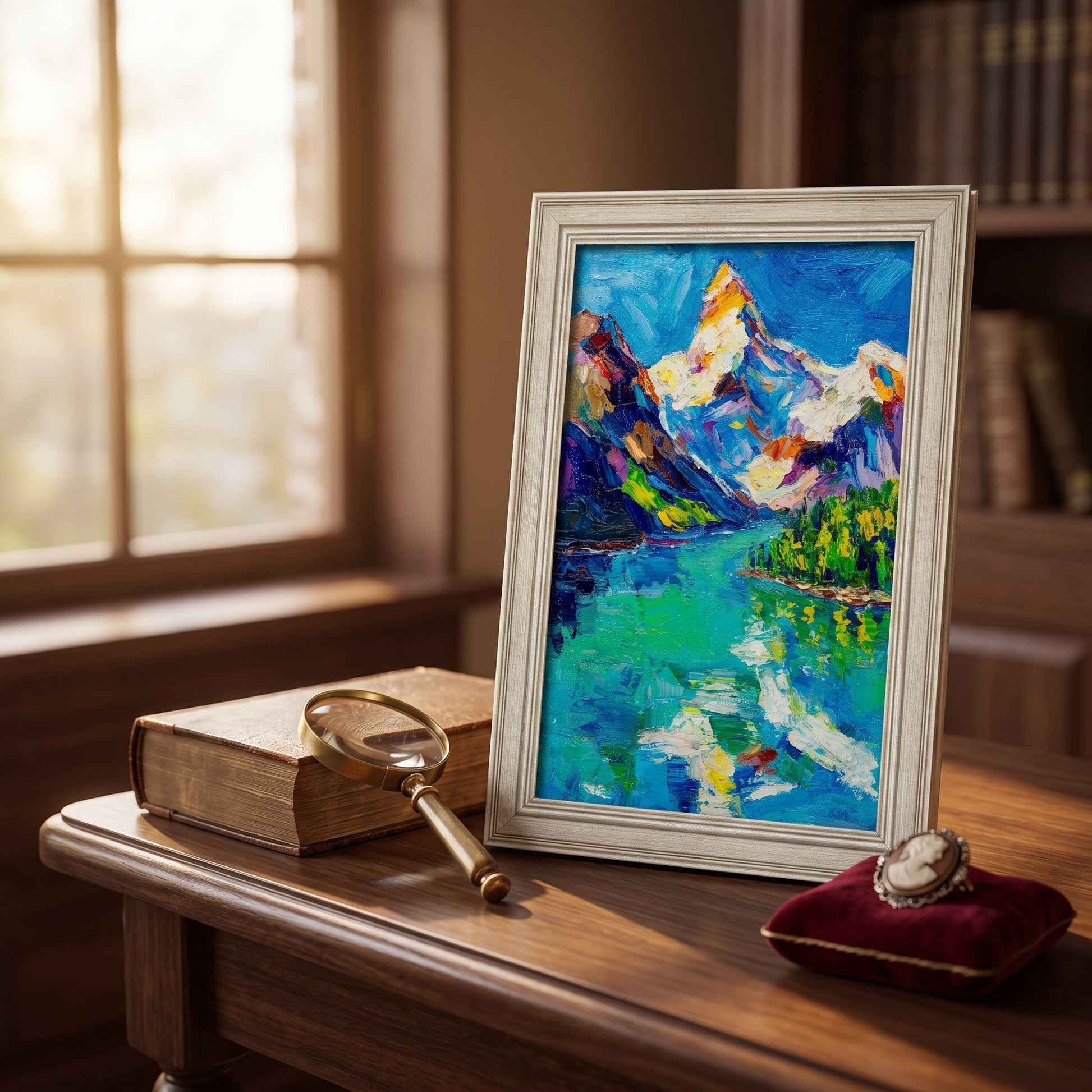 Vintage study — expressive landscape painting adds vibrant energy and visual depth to classic decor