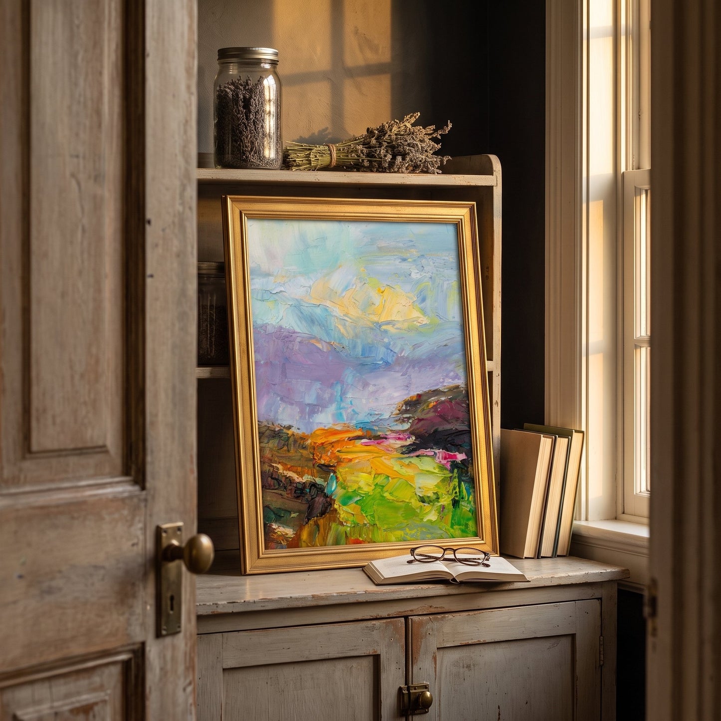 Rustic Farmhouse Study — Vibrant Impressionist Landscape Art Transforms Cozy Reading Nook with Warm Light and Expressive Color