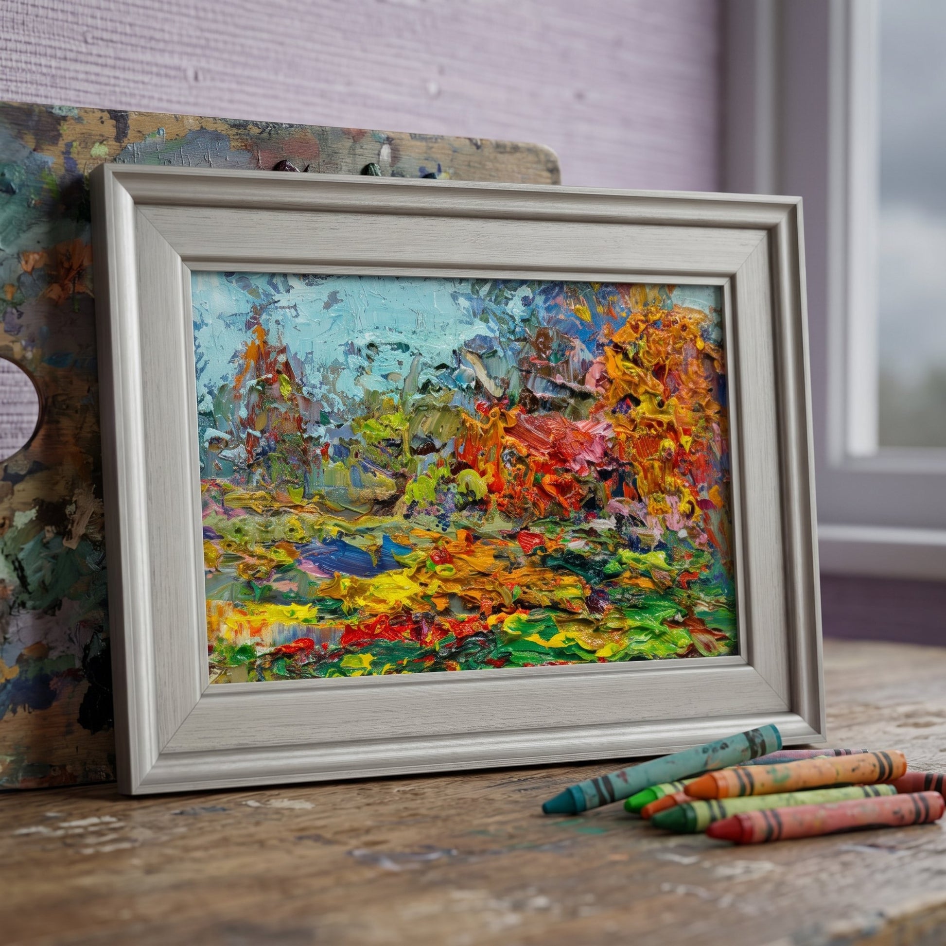 Home studio, rustic creative space — vibrant expressionist landscape painting energizes the workspace with bold color and texture