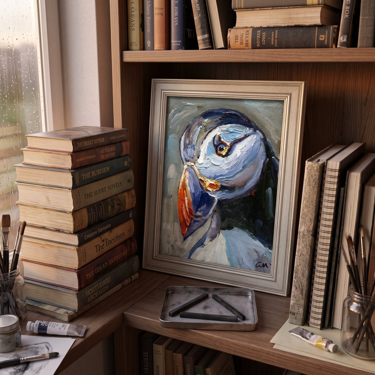 RusticFarmhouseStudy — Original Expressionist puffin painting adds vibrant color and artistic energy to a book-lined workspace