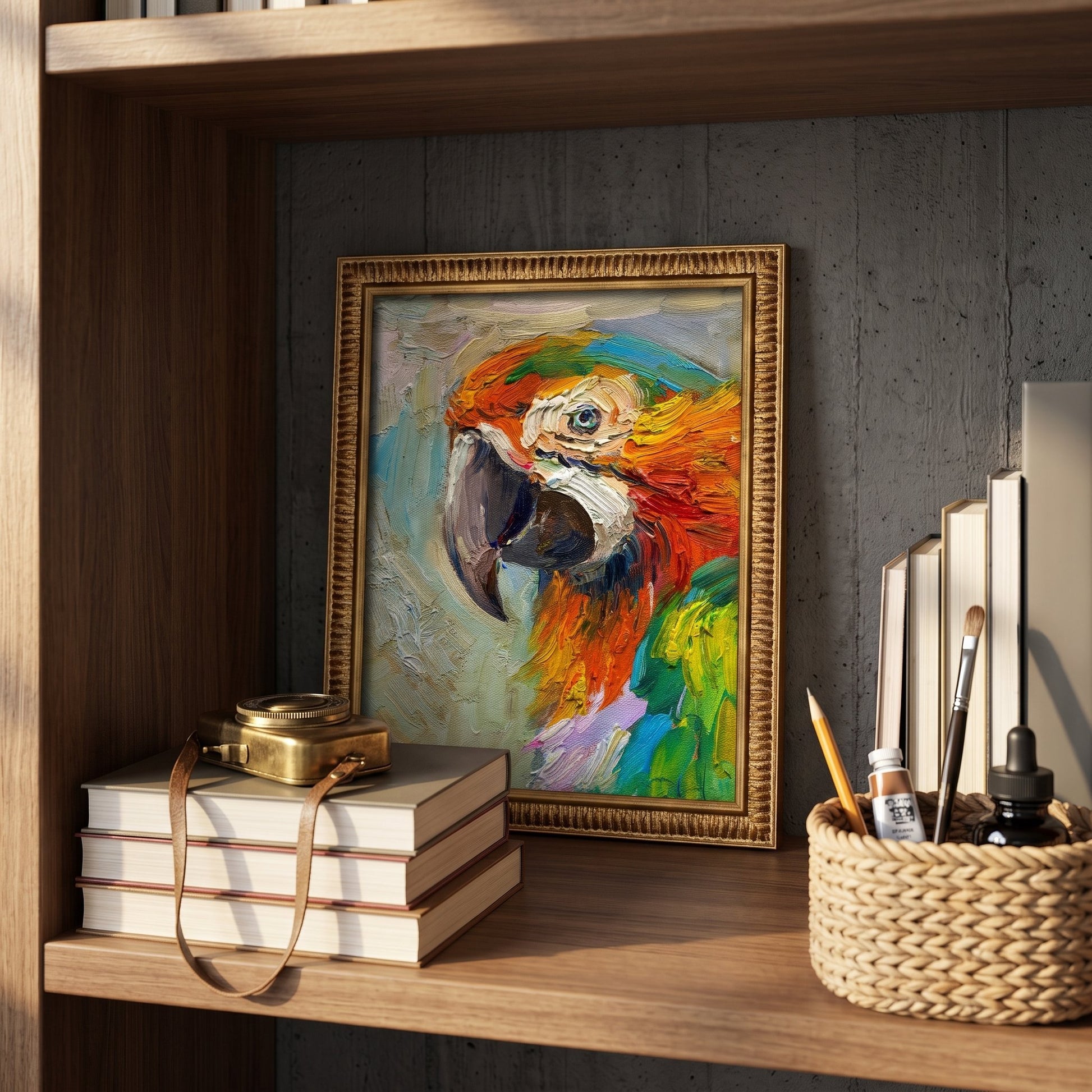 Contemporary study — Vibrant expressionist macaw painting adds bold color and artistic energy to a curated workspace