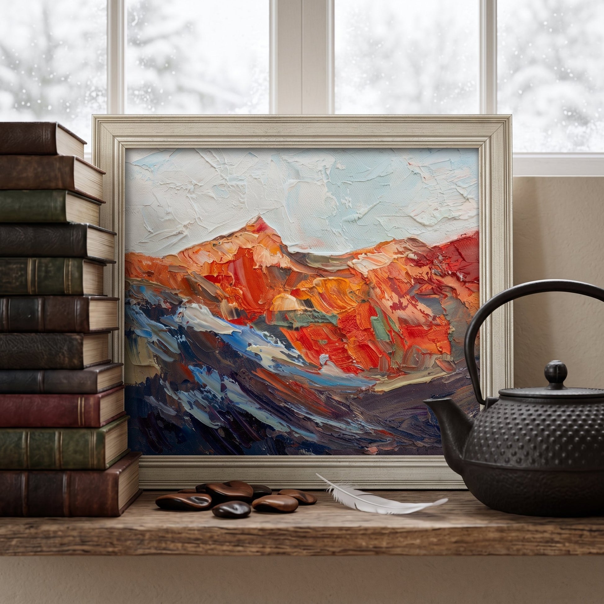 RusticFarmhouseReadingNook — OriginalExpressionistLandscapePaintingAddsWarmthAndDepthToCozySpace