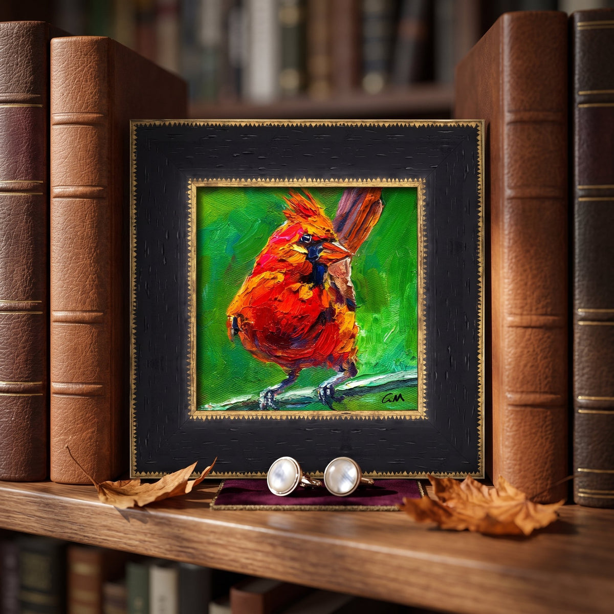 RusticFarmhouseStudy — Vibrant expressionist cardinal painting adds warmth and artistic energy to a book-filled, wood-accented space