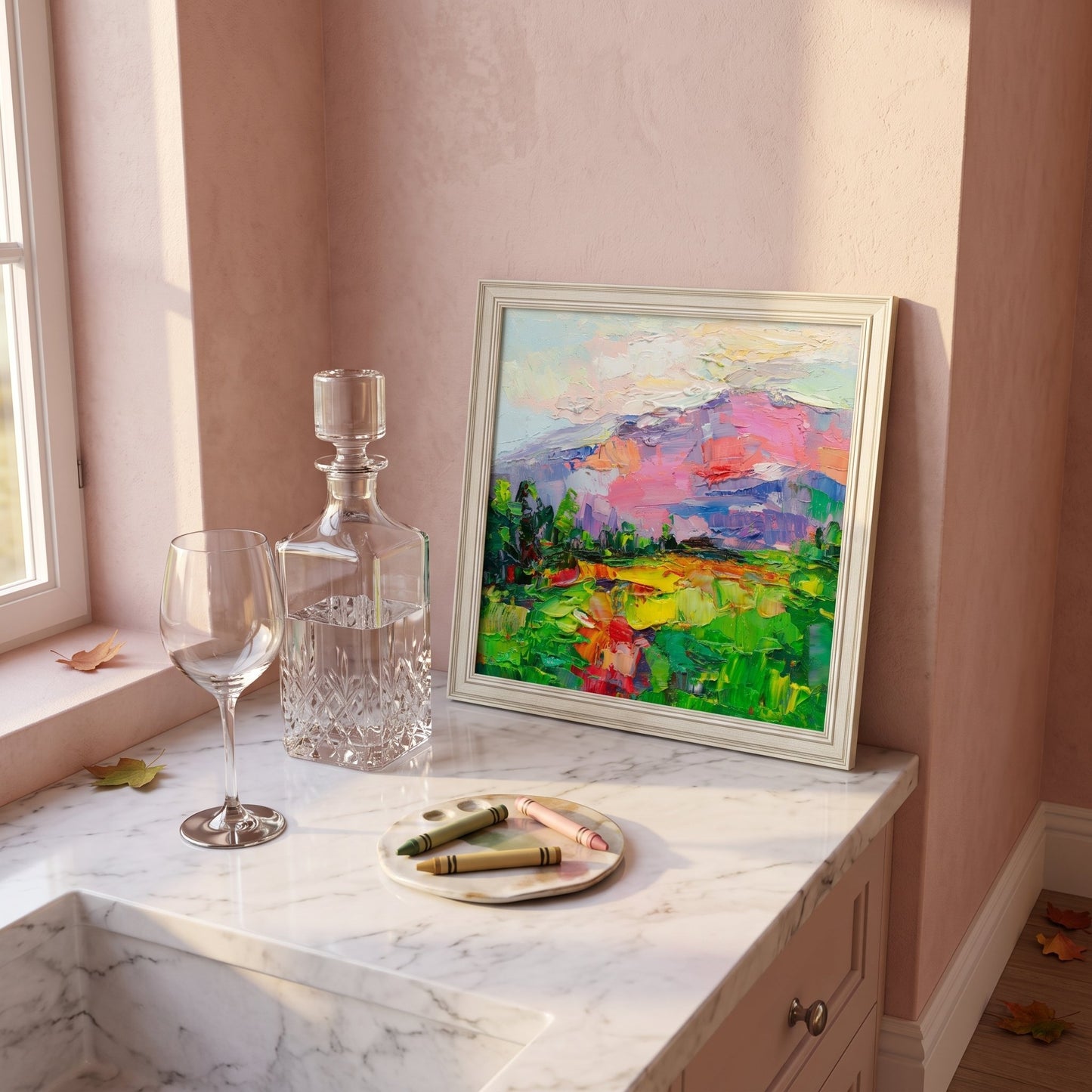 Feminine bathroom, minimalist decor — vibrant Impressionist landscape elevates the space with color and texture