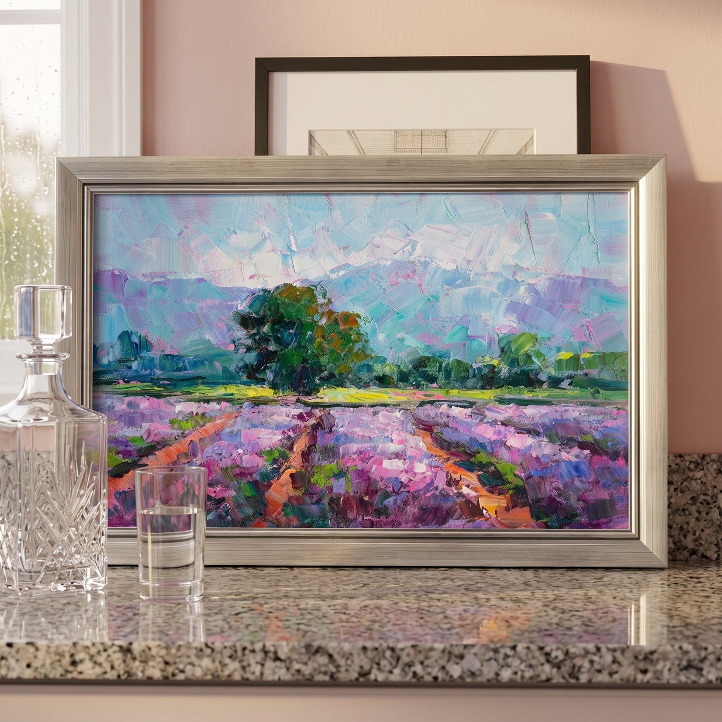 Contemporary kitchen — Impressionist landscape elevates the space with vibrant colors and textured brushwork under natural light