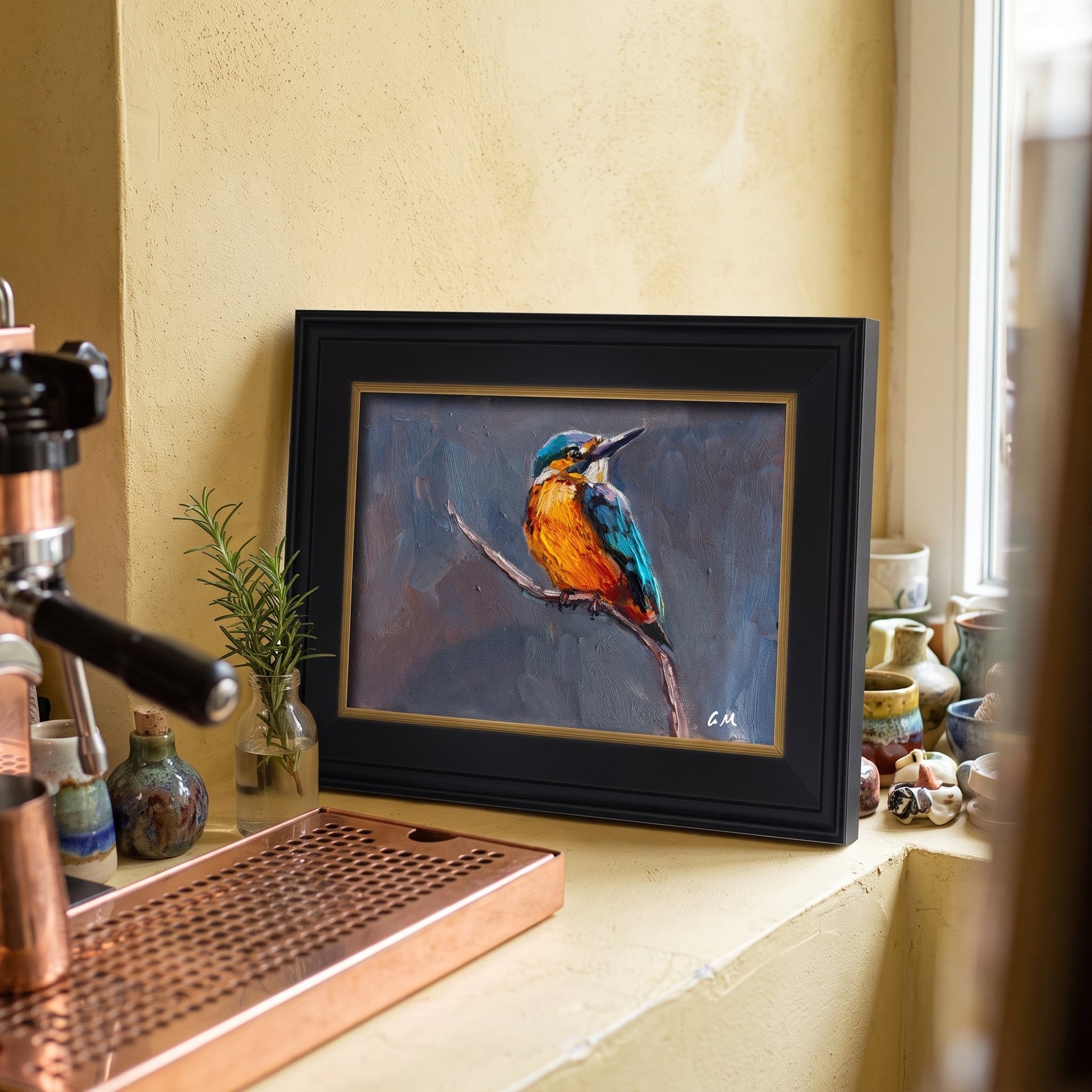 RusticFarmhouseKitchenNook — Original oil painting of a kingfisher adds vibrant color and natural charm to a sunlit, earth-toned kitchen space
