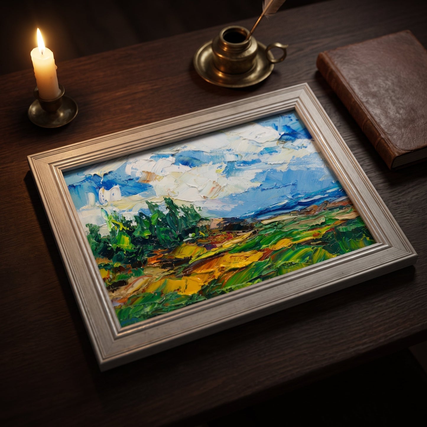 Rustic Farmhouse Study — Original Impressionist landscape brings vibrant color and texture to a warm, candlelit reading nook