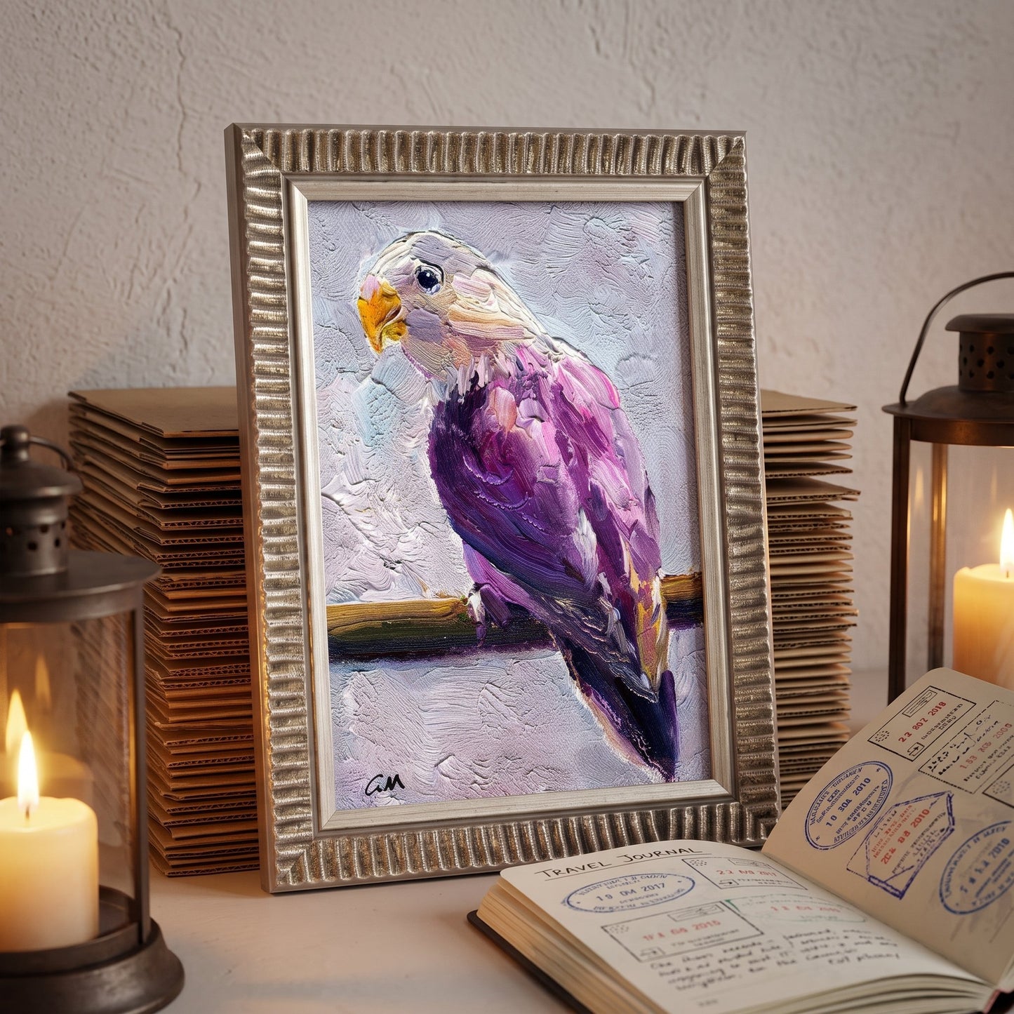 Rustic farmhouse study — expressive bird painting adds vibrant color and texture to a warm, candlelit reading nook