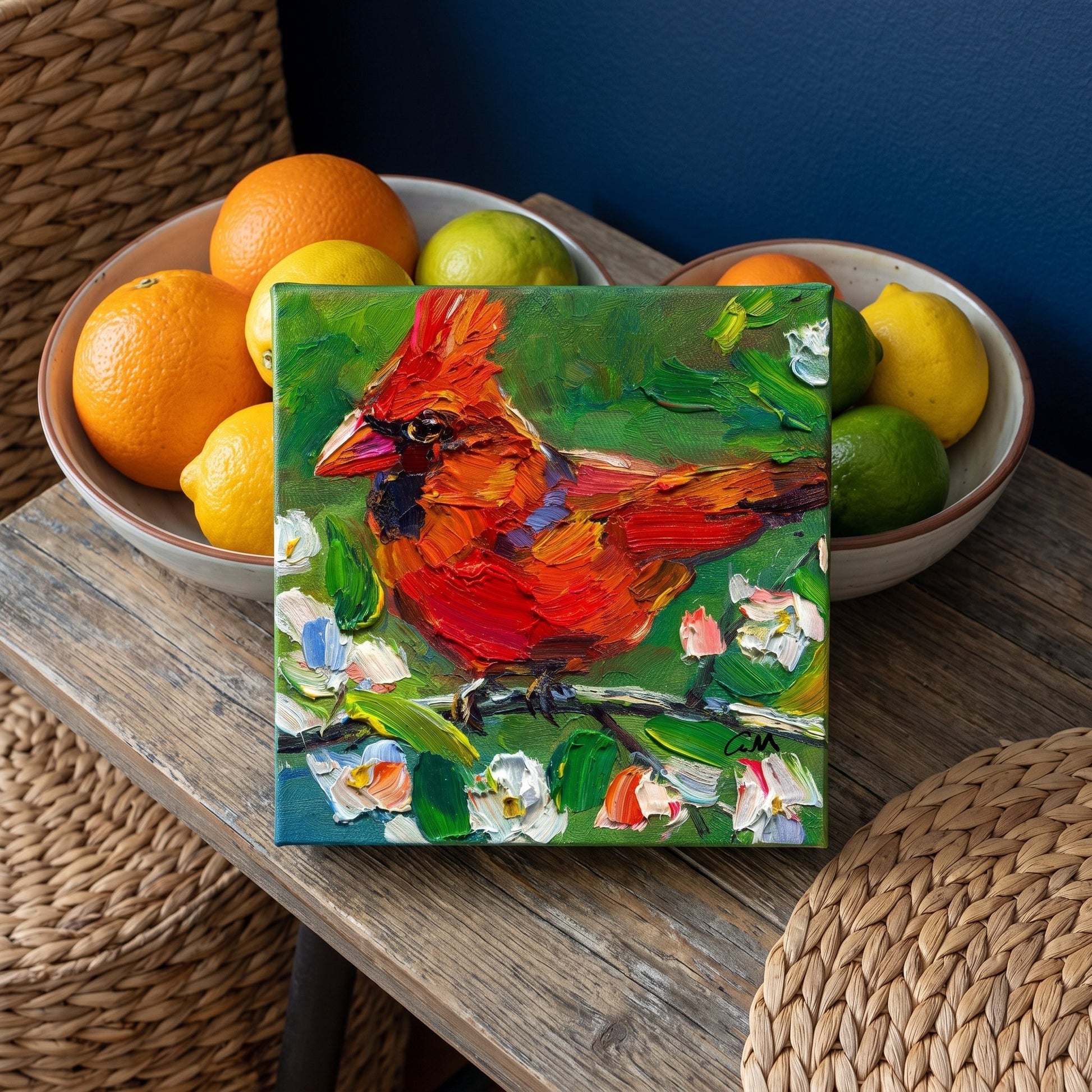 Rustic Farmhouse Kitchen — Vibrant cardinal painting adds natural warmth and color to a cozy, wood-accented dining nook