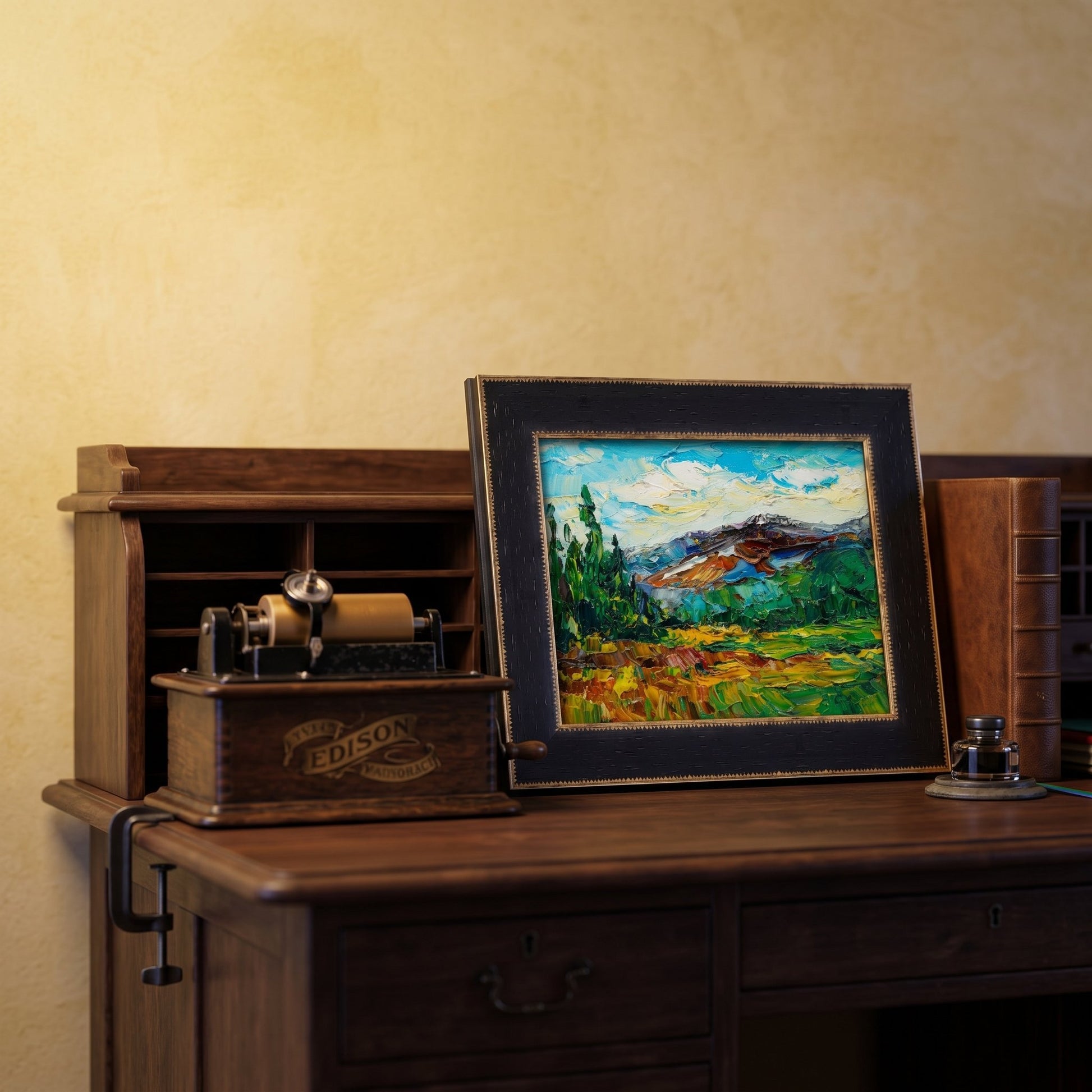 Vintage study — Impressionist landscape painting adds vibrant color and artistic depth to classic wooden decor