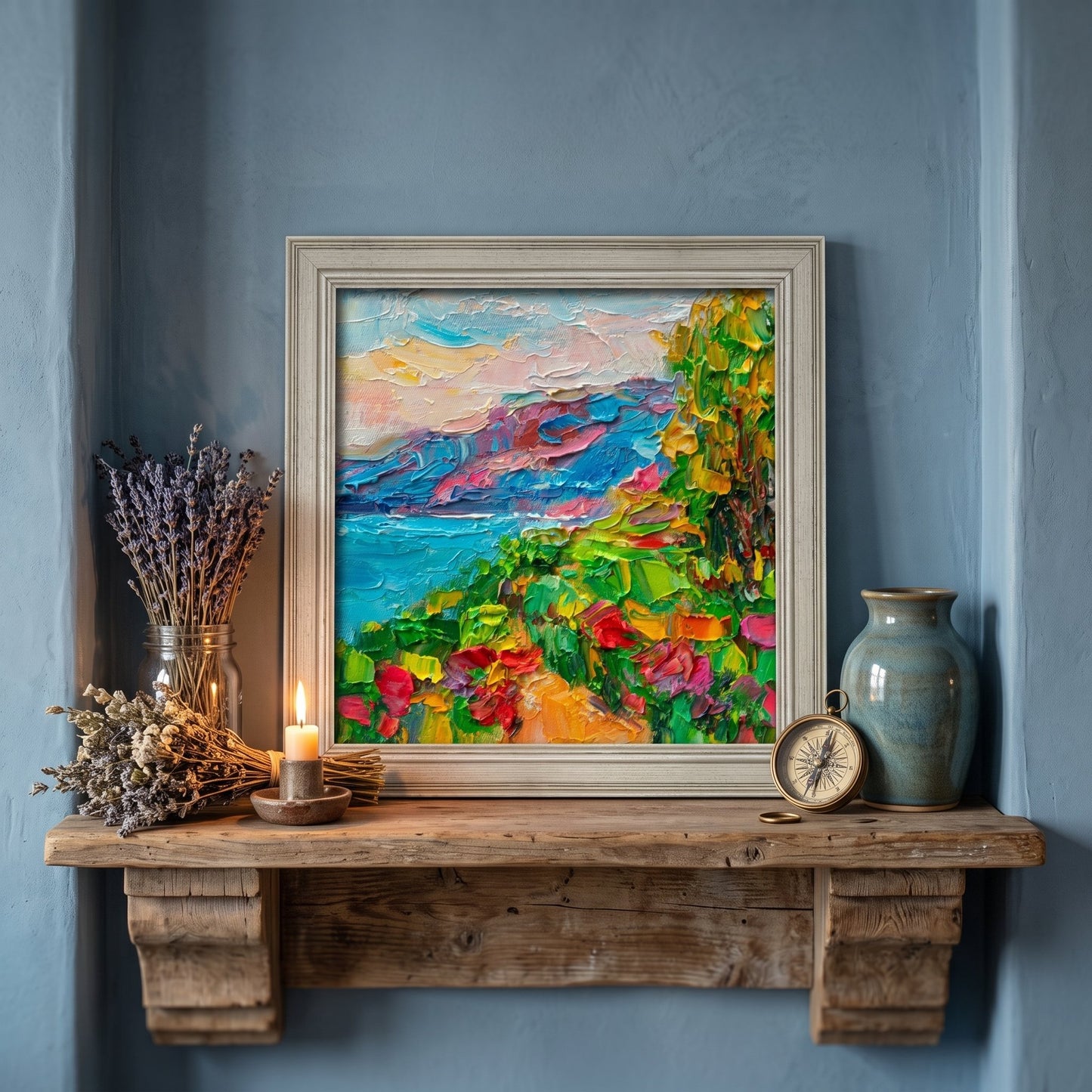 Rustic Farmhouse Entryway — Vibrant Impressionist Landscape Elevates Cozy Space with Color and Texture