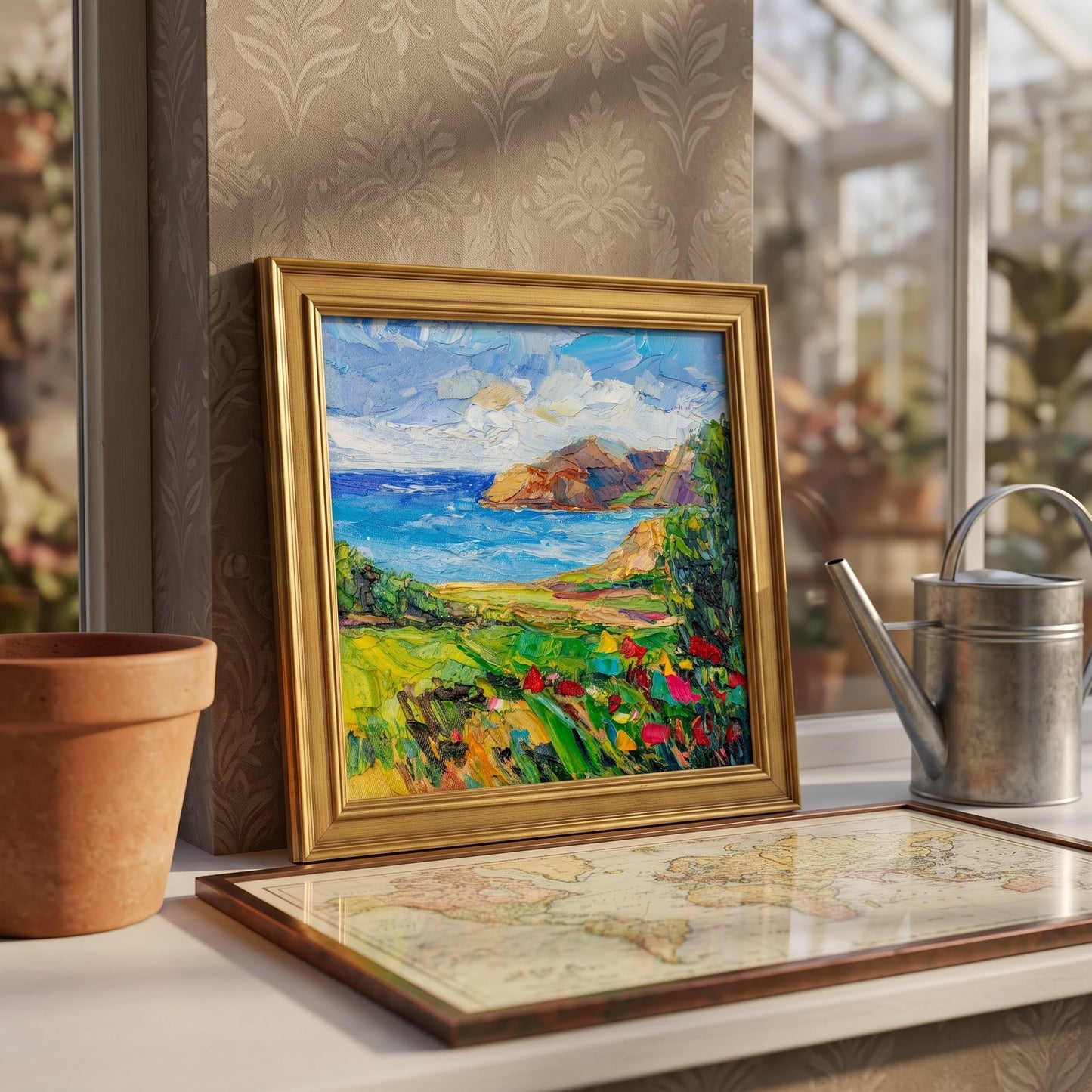 Greenhouse entryway, rustic botanical decor — vibrant Impressionist landscape painting brings nature indoors with bold color and light