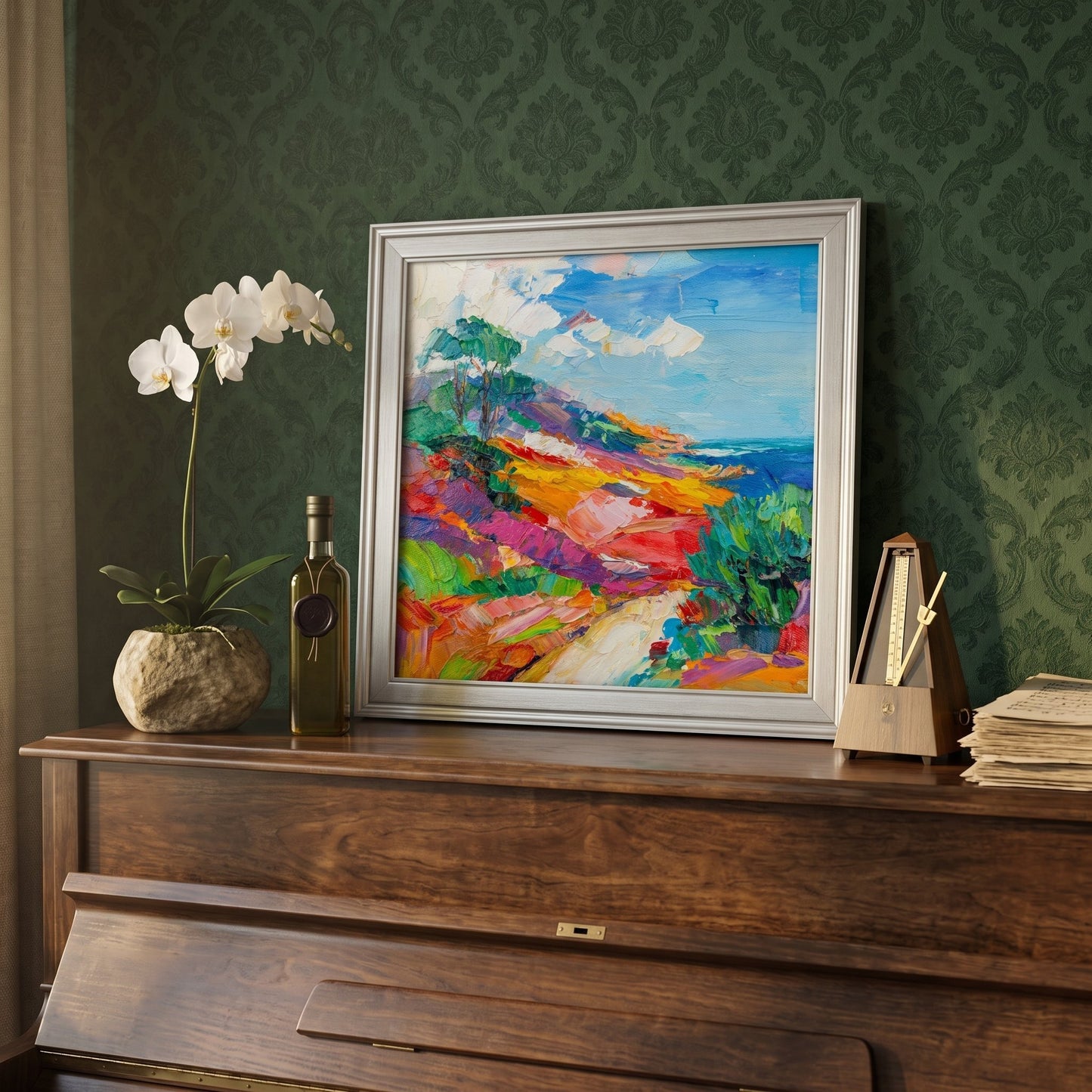 Study with traditional decor — vibrant Impressionist landscape painting adds color and artistic energy to the space