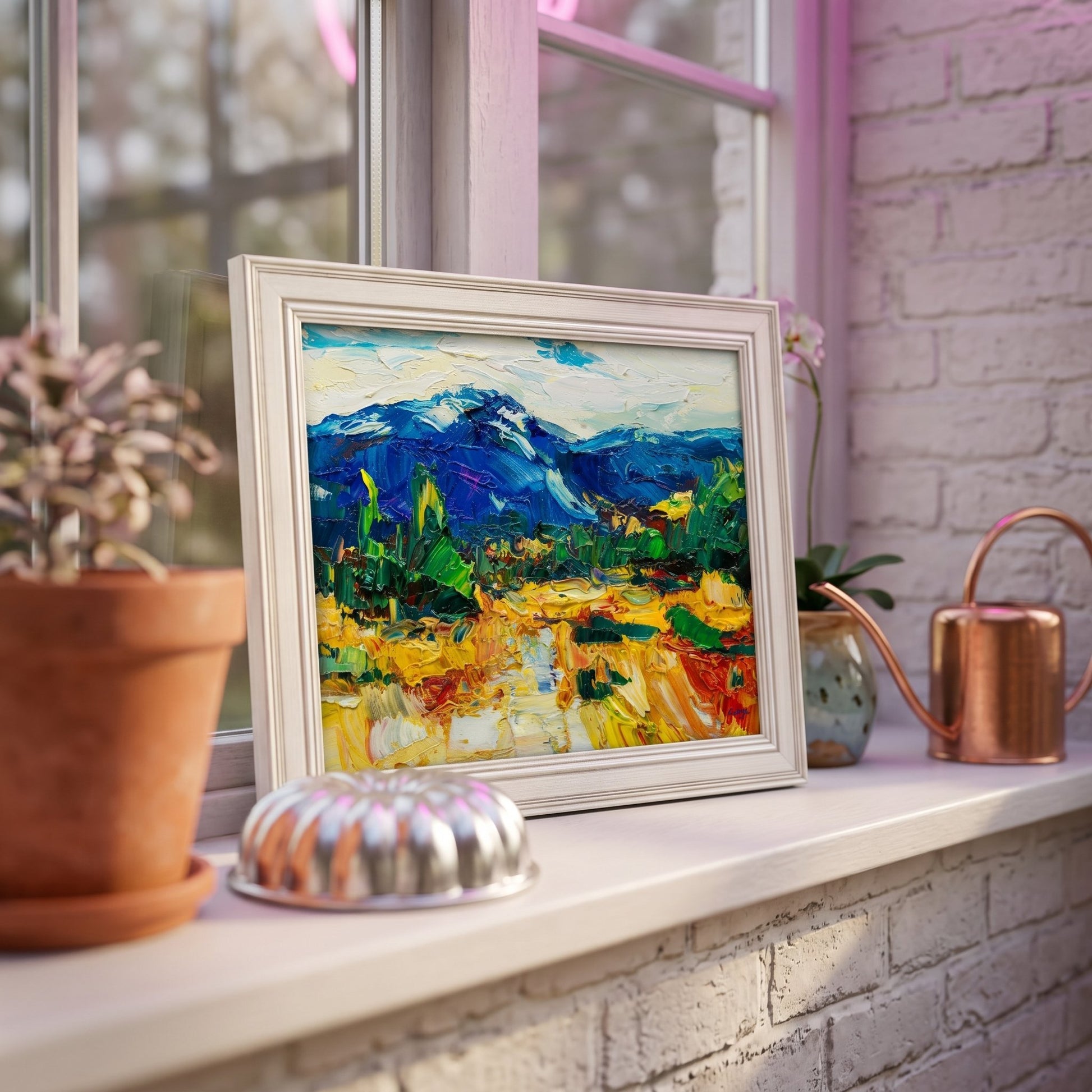 RusticFarmhouseKitchen — OriginalExpressionistLandscapePaintingBringsVibrantNatureToSunlitWindowsill