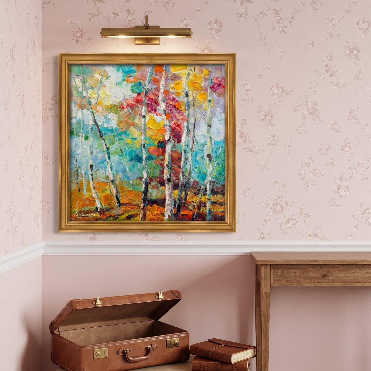 Vintage study with floral wallpaper — vibrant Impressionist landscape painting adds color and life to the tranquil space