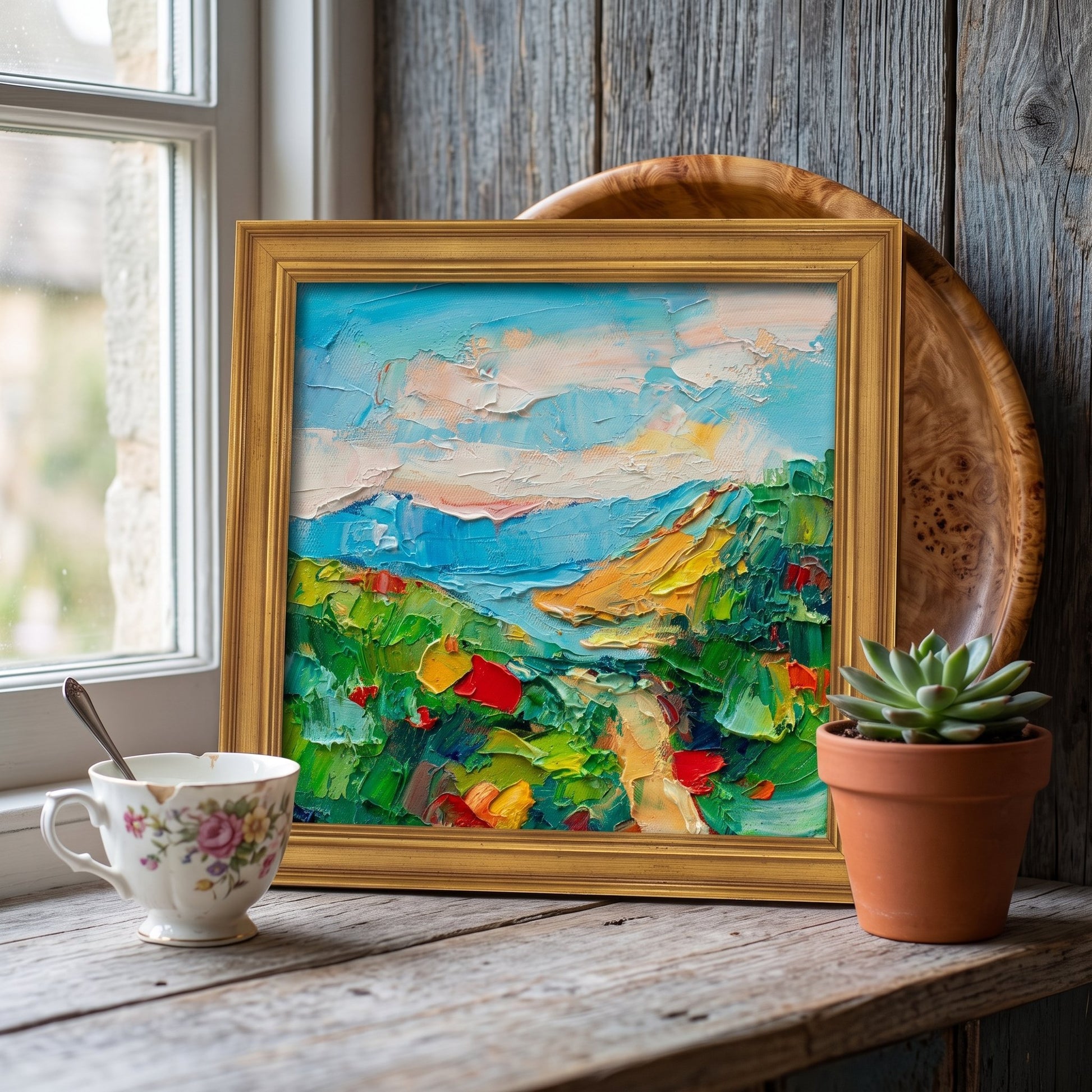 Rustic Farmhouse Kitchen — Vibrant Impressionist landscape brings warmth and color to a sunlit window seat