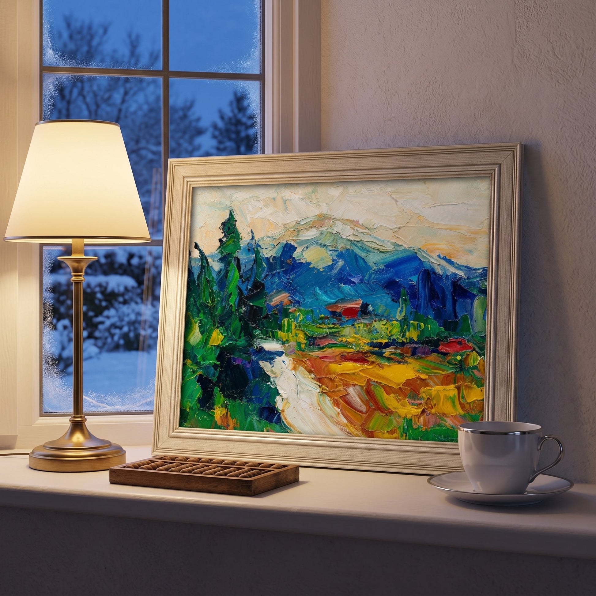 Rustic Farmhouse Bedroom — Vibrant landscape painting adds warmth and nature-inspired energy to a cozy, softly lit windowsill setting