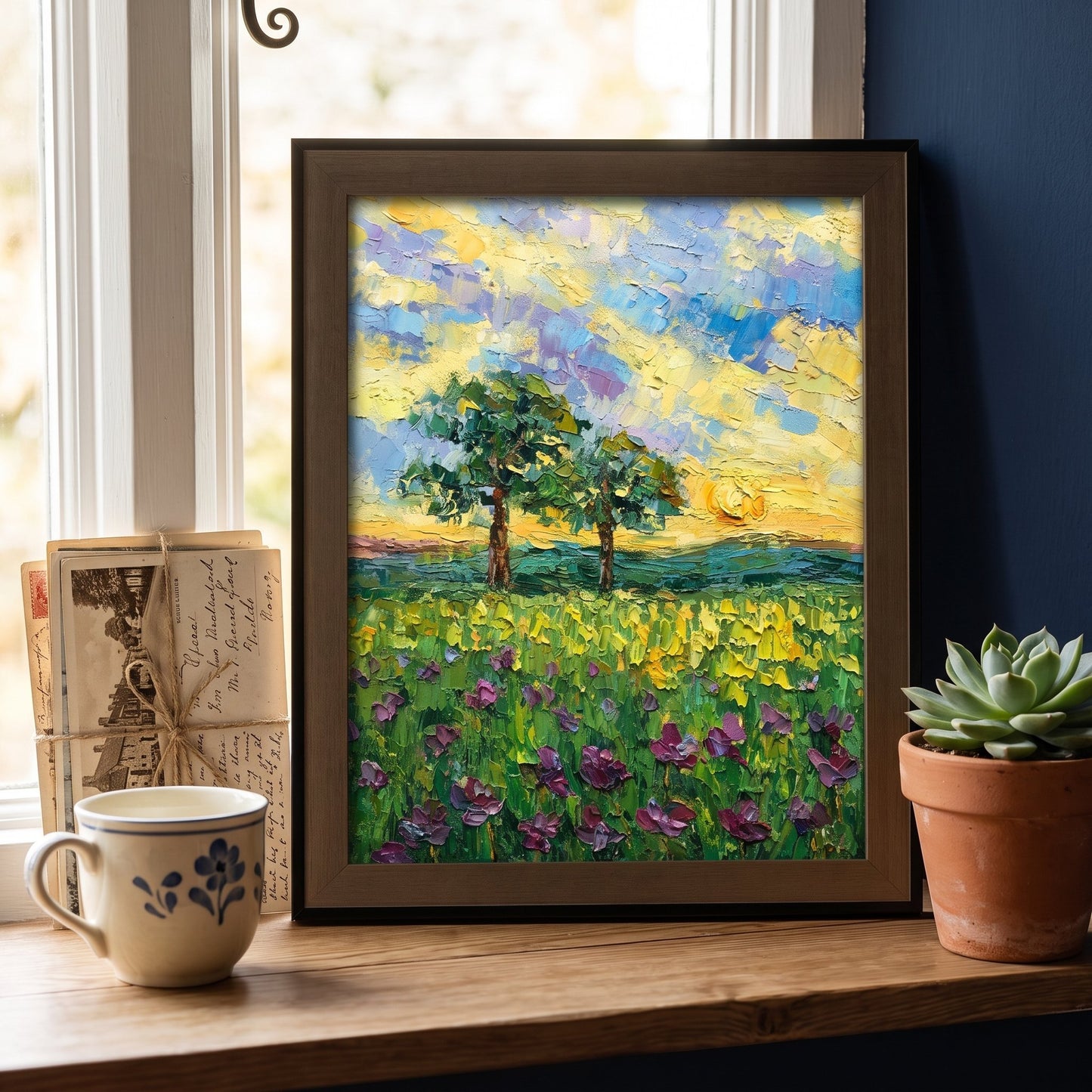 RusticFarmhouseLivingRoom — Impressionist landscape painting adds vibrant color and texture to a sunlit windowsill, enhancing the natural, calming atmosphere