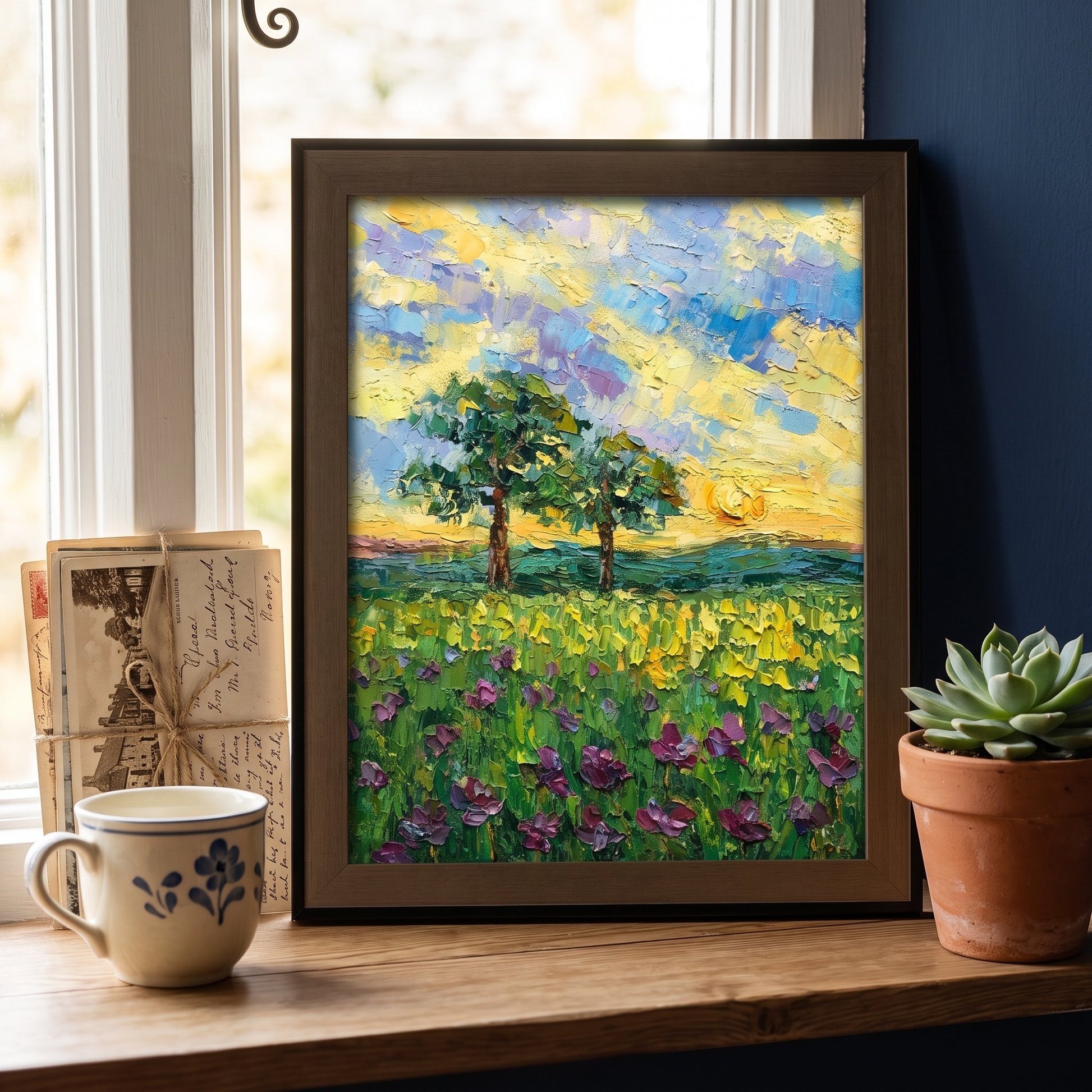 RusticFarmhouseLivingRoom — Impressionist landscape painting adds vibrant color and texture to a sunlit windowsill, enhancing the natural, calming atmosphere
