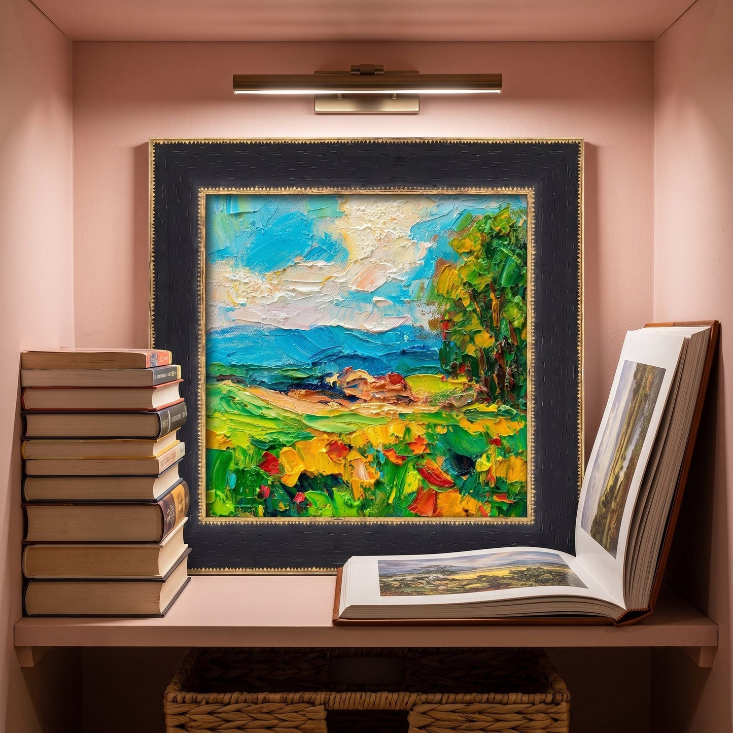 Reading nook, Scandinavian style — vibrant Impressionist landscape painting adds color and warmth to a minimalist space
