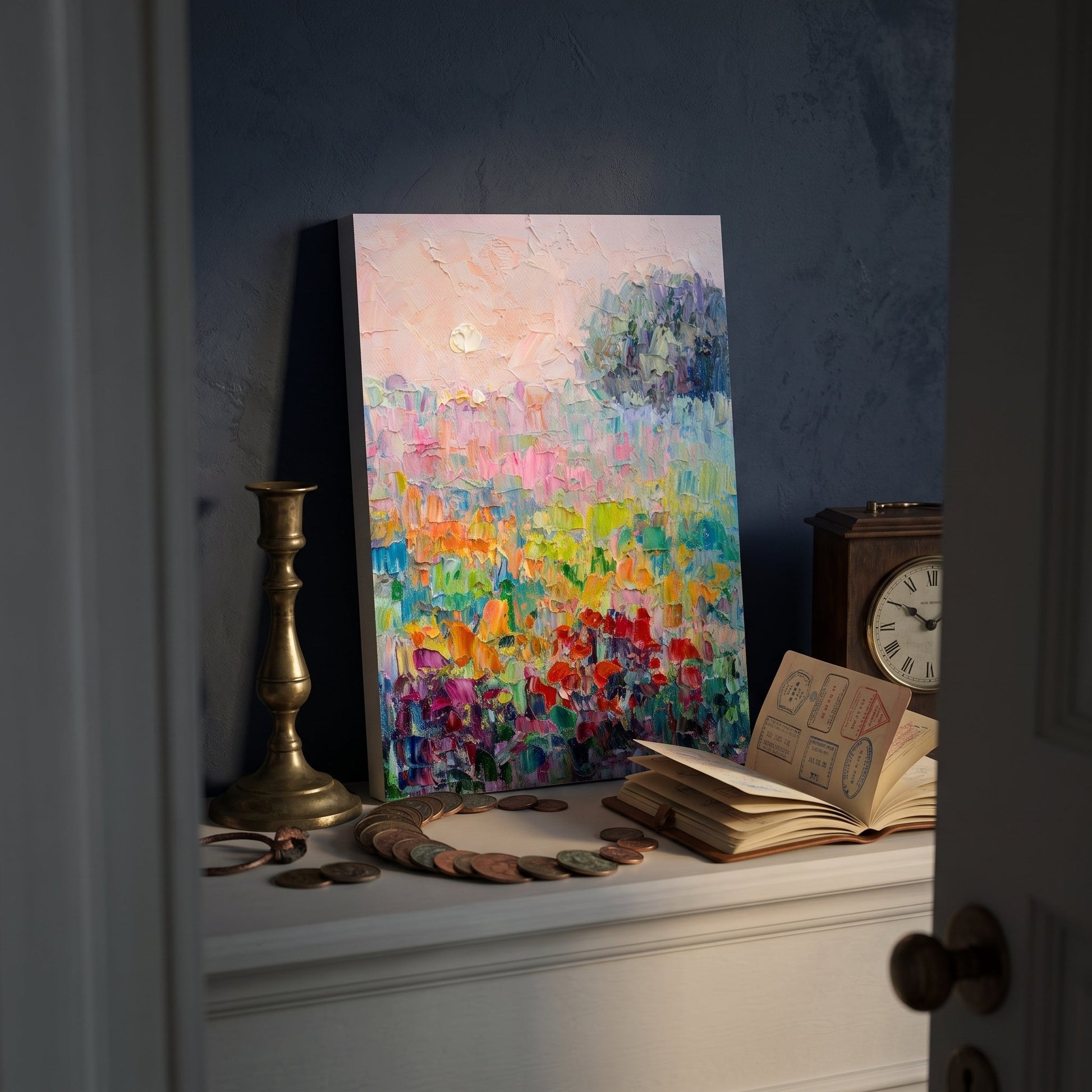 Vintage study — vibrant Impressionist landscape elevates the space with bold color and texture
