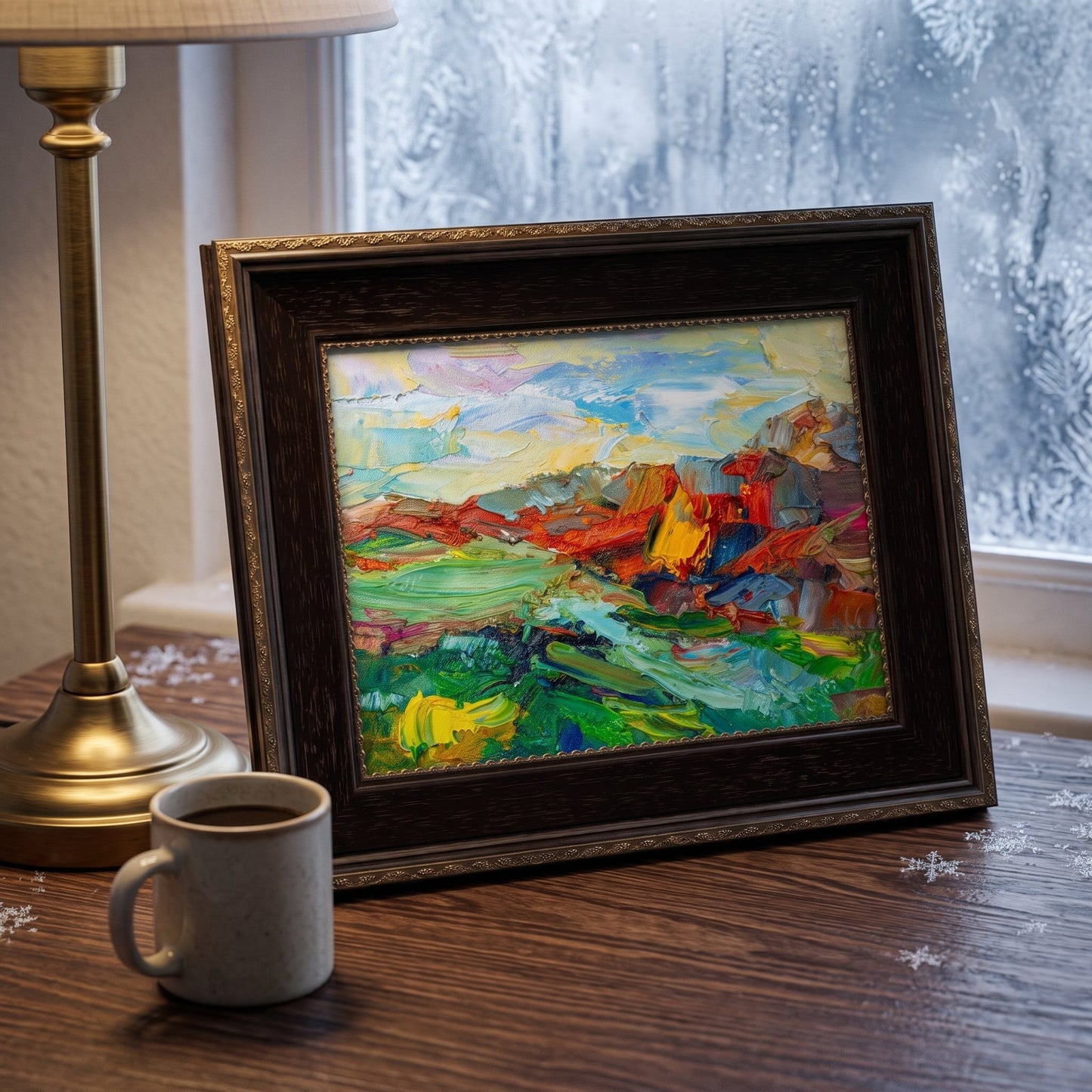 Rustic Farmhouse Living Room — Vibrant abstract landscape painting adds warmth and color contrast to a cozy, wood-accented space