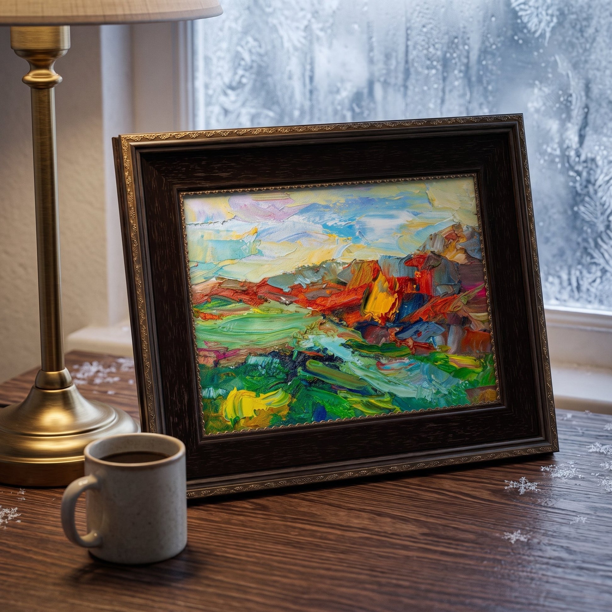 Rustic Farmhouse Living Room — Vibrant abstract landscape painting adds warmth and color contrast to a cozy, wood-accented space