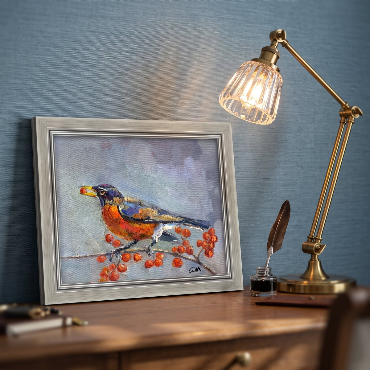 RusticFarmhouseStudy — Original Impressionist bird painting adds vibrant color and natural charm to a warm, vintage-inspired workspace