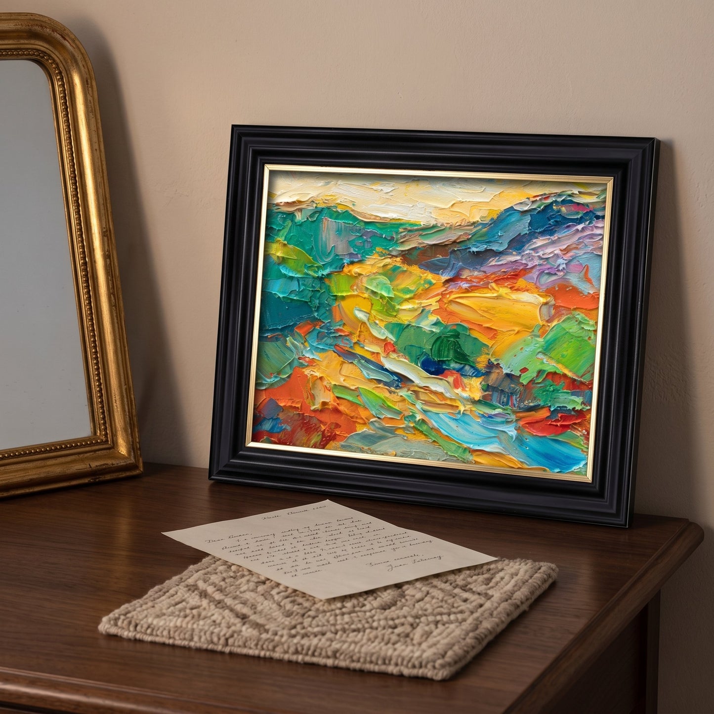 Vintage bedroom — vibrant expressionist landscape painting adds emotional depth and color contrast to warm, rustic decor