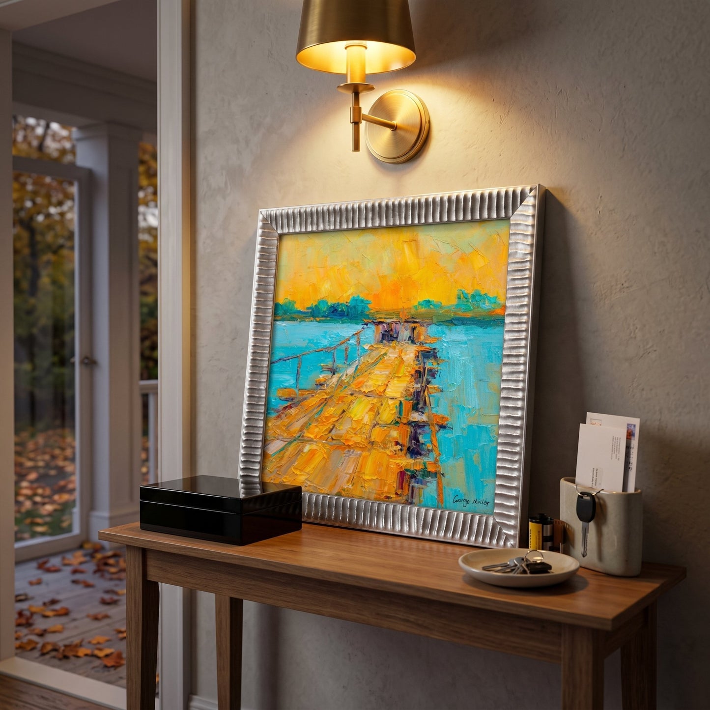 Contemporary entryway — vibrant Impressionist landscape transforms the space with warmth and artistic depth