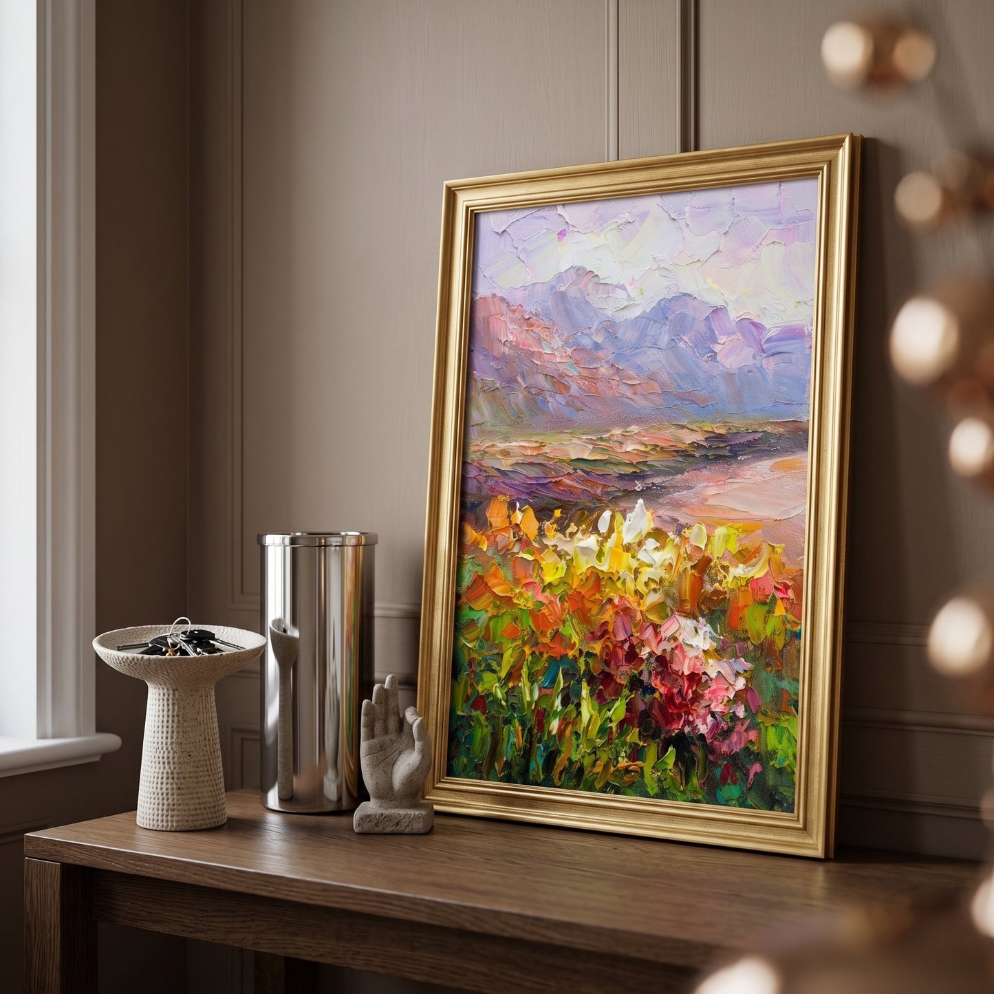 Contemporary entryway — vibrant Impressionist landscape painting elevates neutral decor with bold color and texture