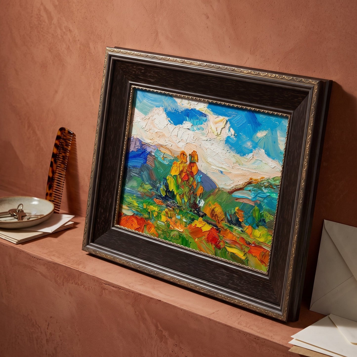 Entryway, minimalist decor — vibrant Impressionist landscape painting adds color and texture as a focal point