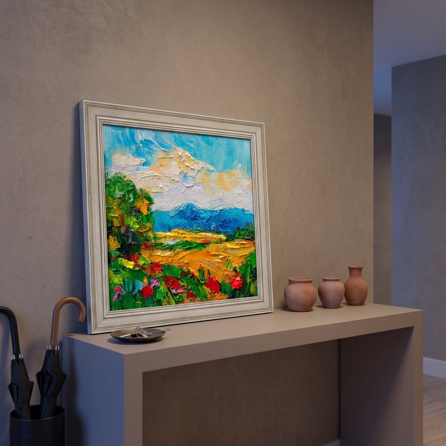 Minimalist entryway — vibrant Impressionist landscape transforms neutral space with bold color and texture