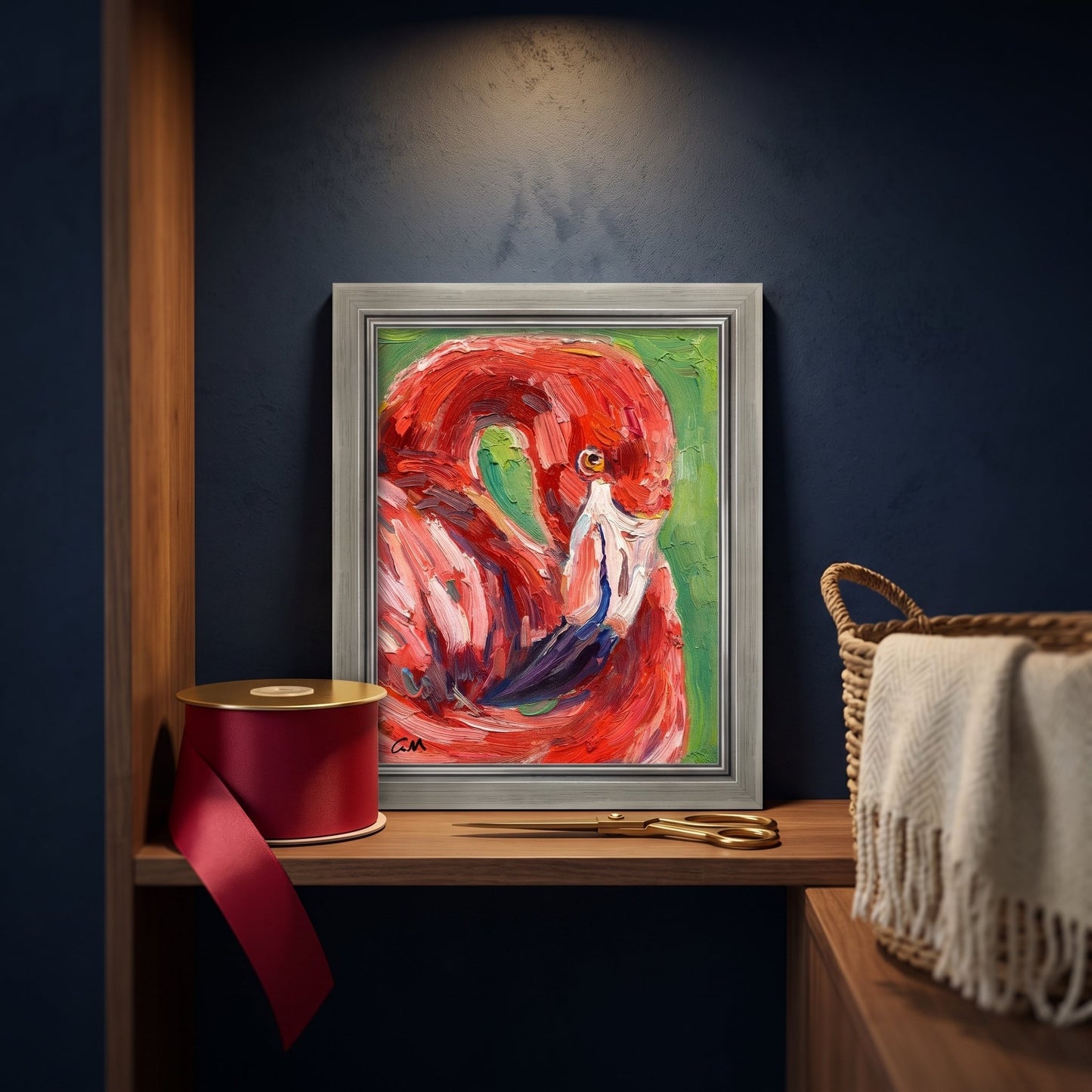 Contemporary study — Expressive flamingo painting energizes the space with bold color and texture