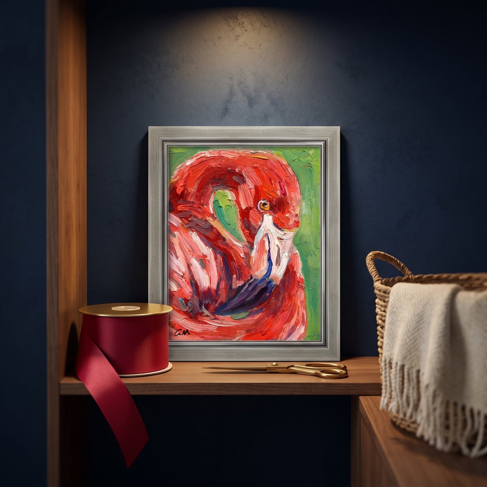 Contemporary study — Expressive flamingo painting energizes the space with bold color and texture