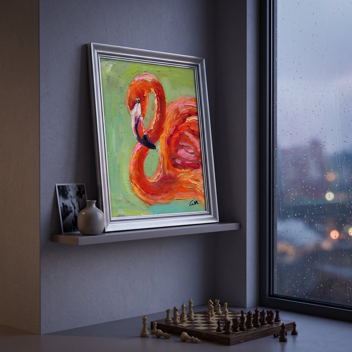 Contemporary study — Vibrant expressionist flamingo painting adds warmth and artistic flair to a minimalist urban space