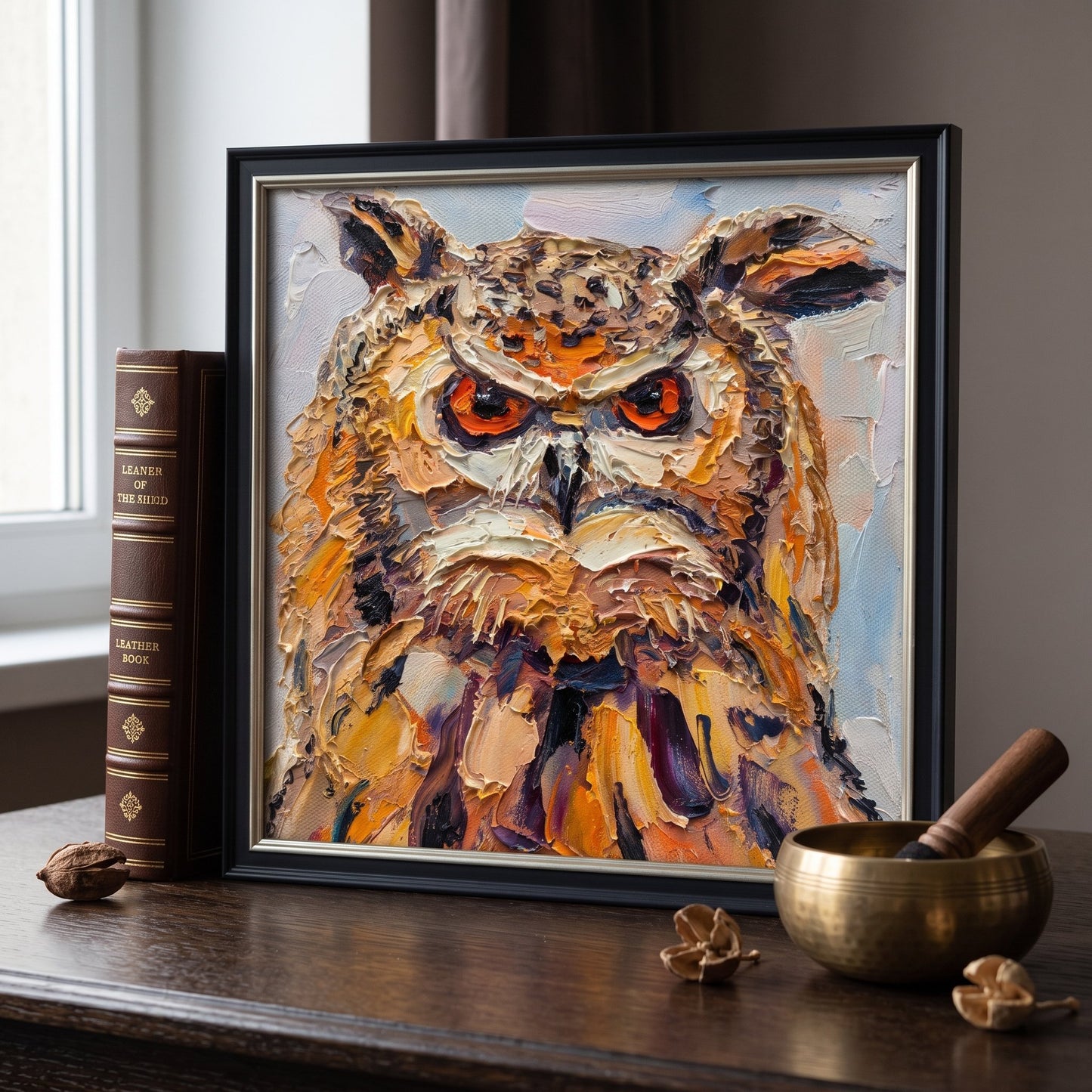 A vividly textured oil painting of an owl with intense orange eyes rests unframed on a wooden desk beside a vintage book and singing bowl.