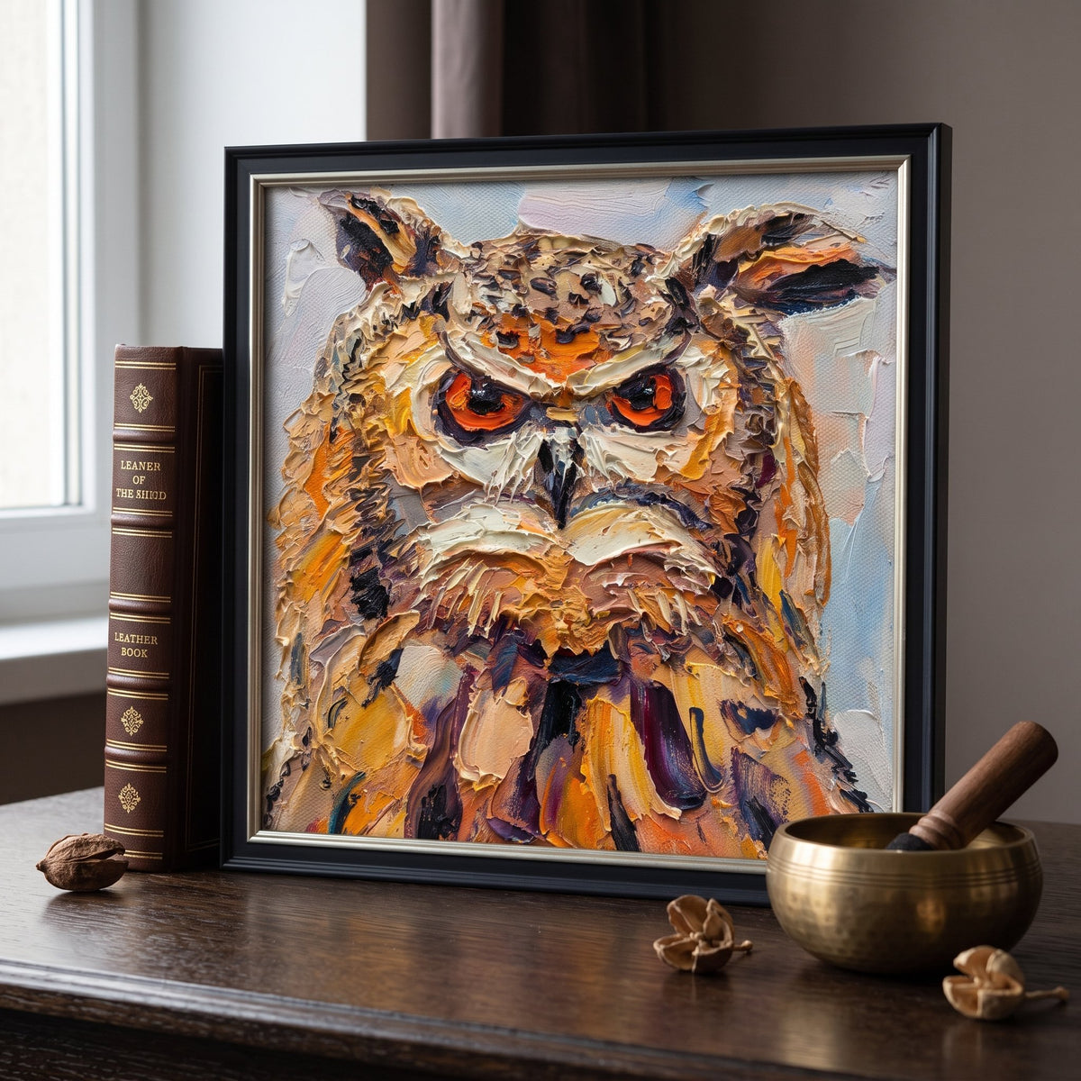 A vividly textured oil painting of an owl with intense orange eyes rests unframed on a wooden desk beside a vintage book and singing bowl.