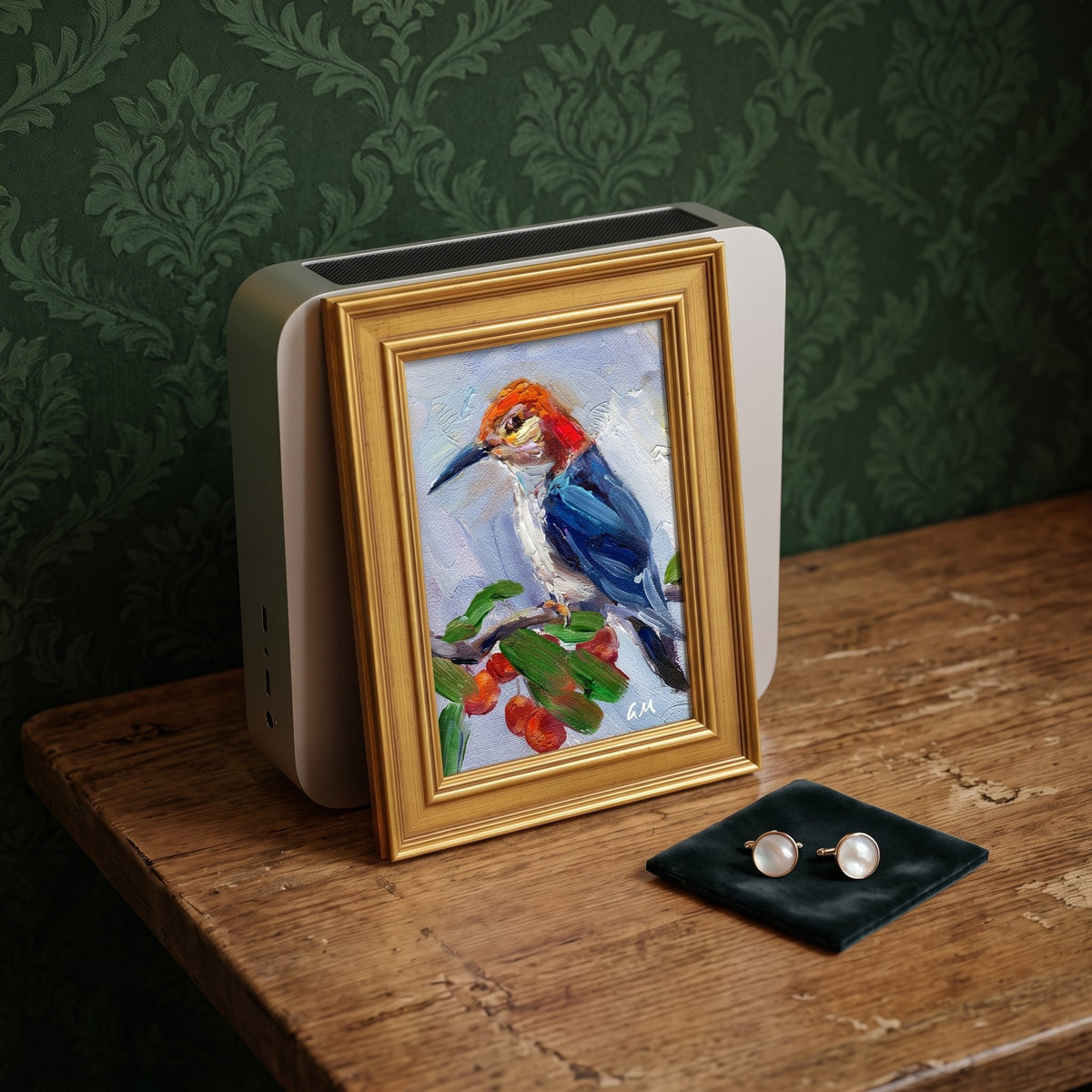 A vivid blue and red bird painting on canvas, initialed and unframed, sits in a gold frame on a rustic wooden desk beside vintage cufflinks.
