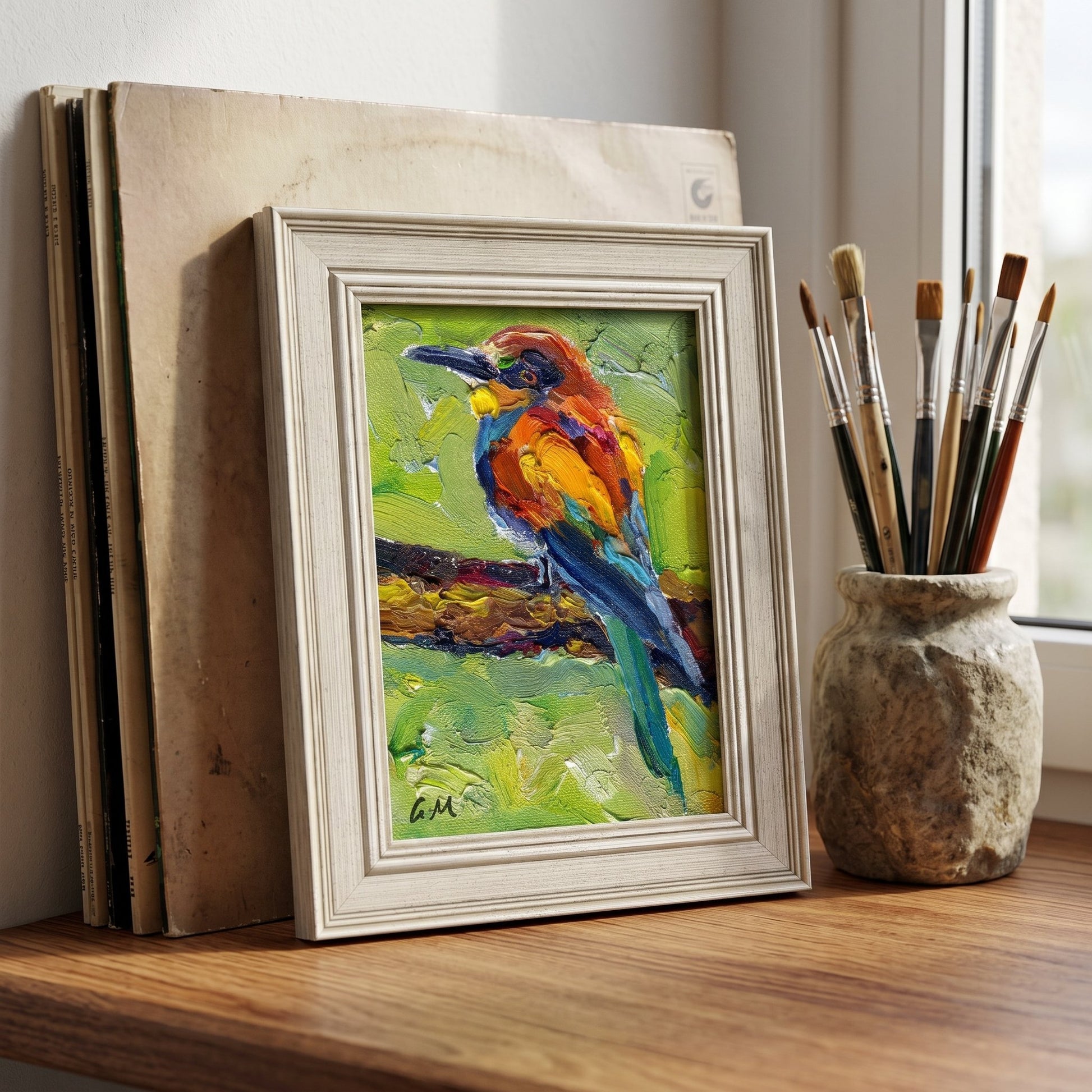 A vividly painted bird in orange, blue, and green perches on a branch in a white-framed canvas, resting on a wooden windowsill beside art supplies.