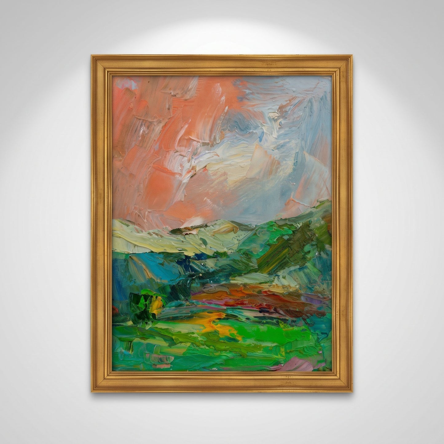 Minimalist living room — vibrant expressionist landscape painting adds color and emotion to a serene space
